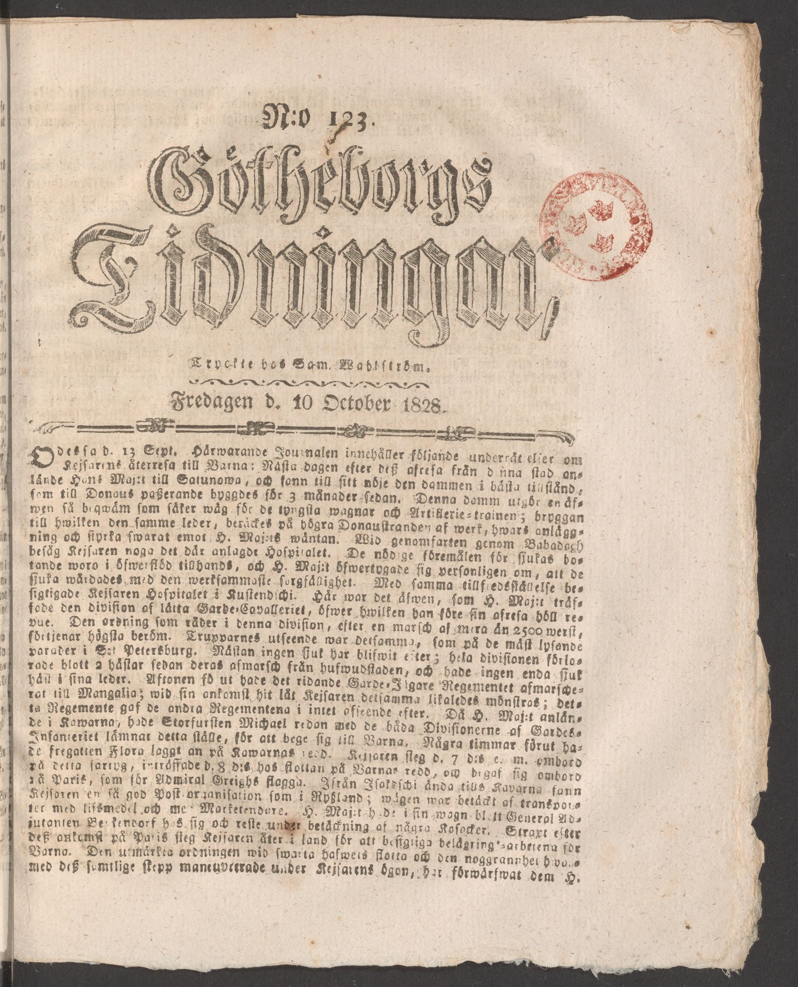 Tidningssida ur GÖTHEBORGS TIDNINGAR, 1828-10-10