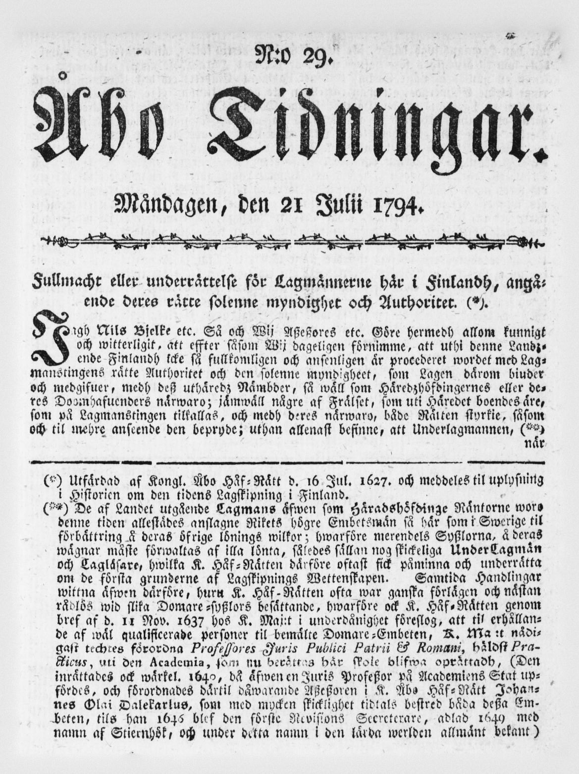 Tidningssida ur ÅBO TIDNINGAR, 1794-07-21