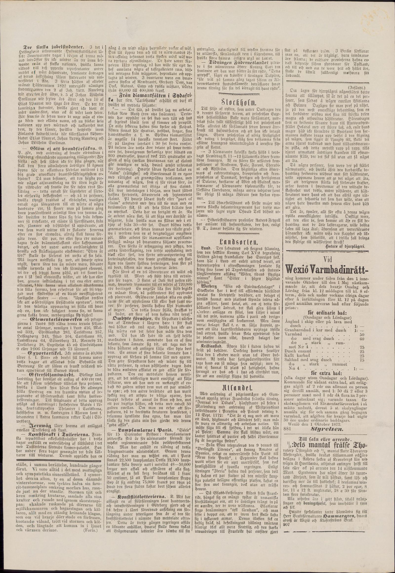 Tidningssida ur Smålandsposten, 1872-10-16