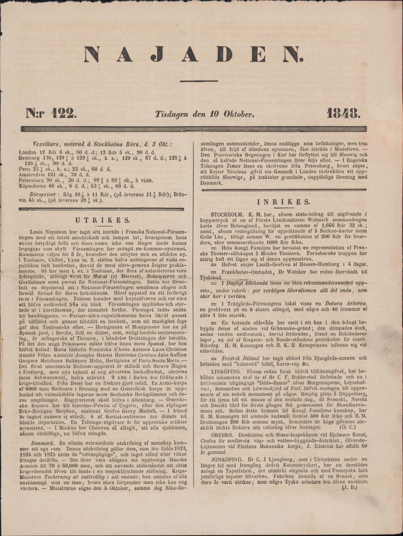 Tidningssida ur NAJADEN, 1848-10-10