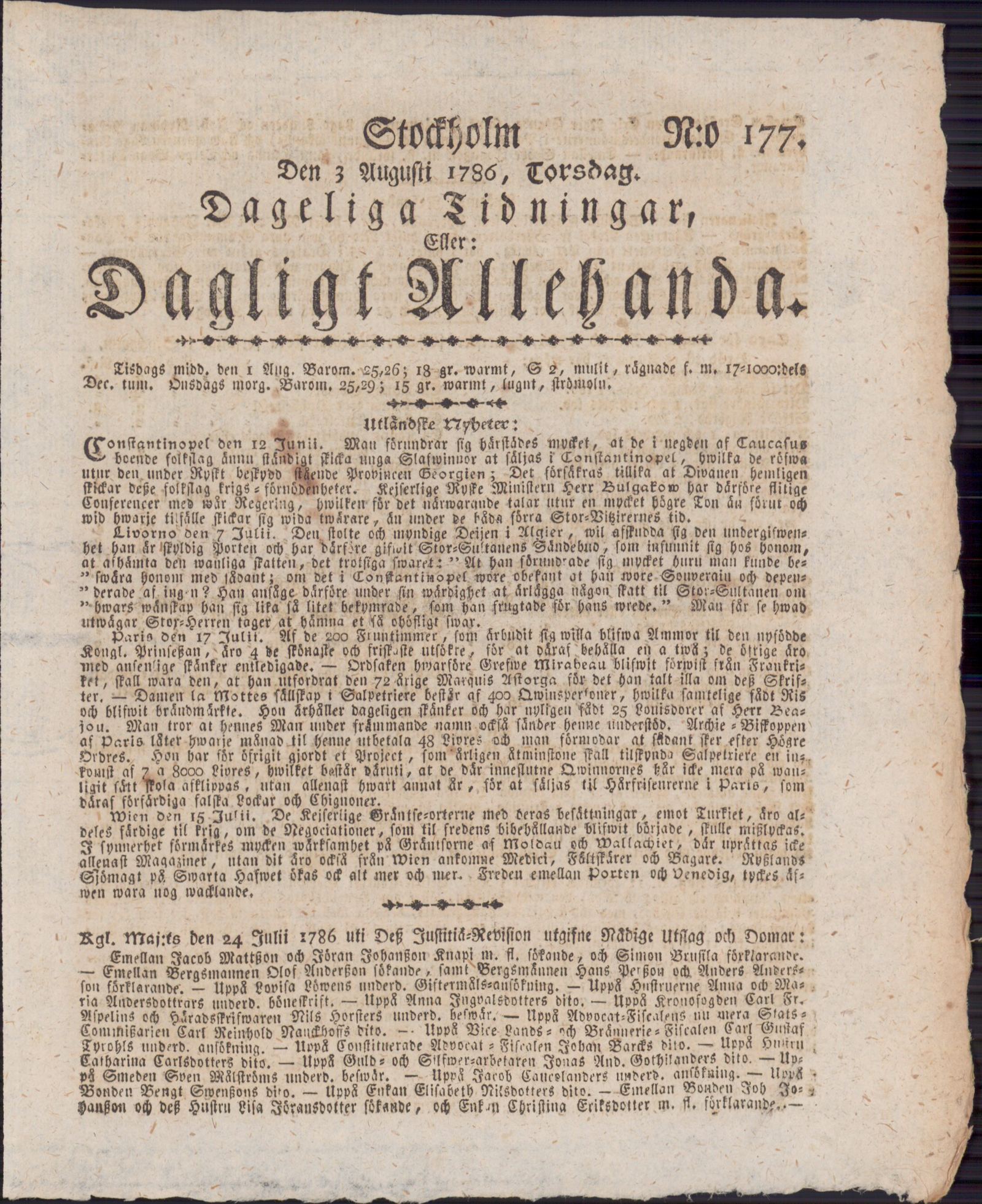 Tidningssida ur DAGLIGT ALLEHANDA, 1786-08-03