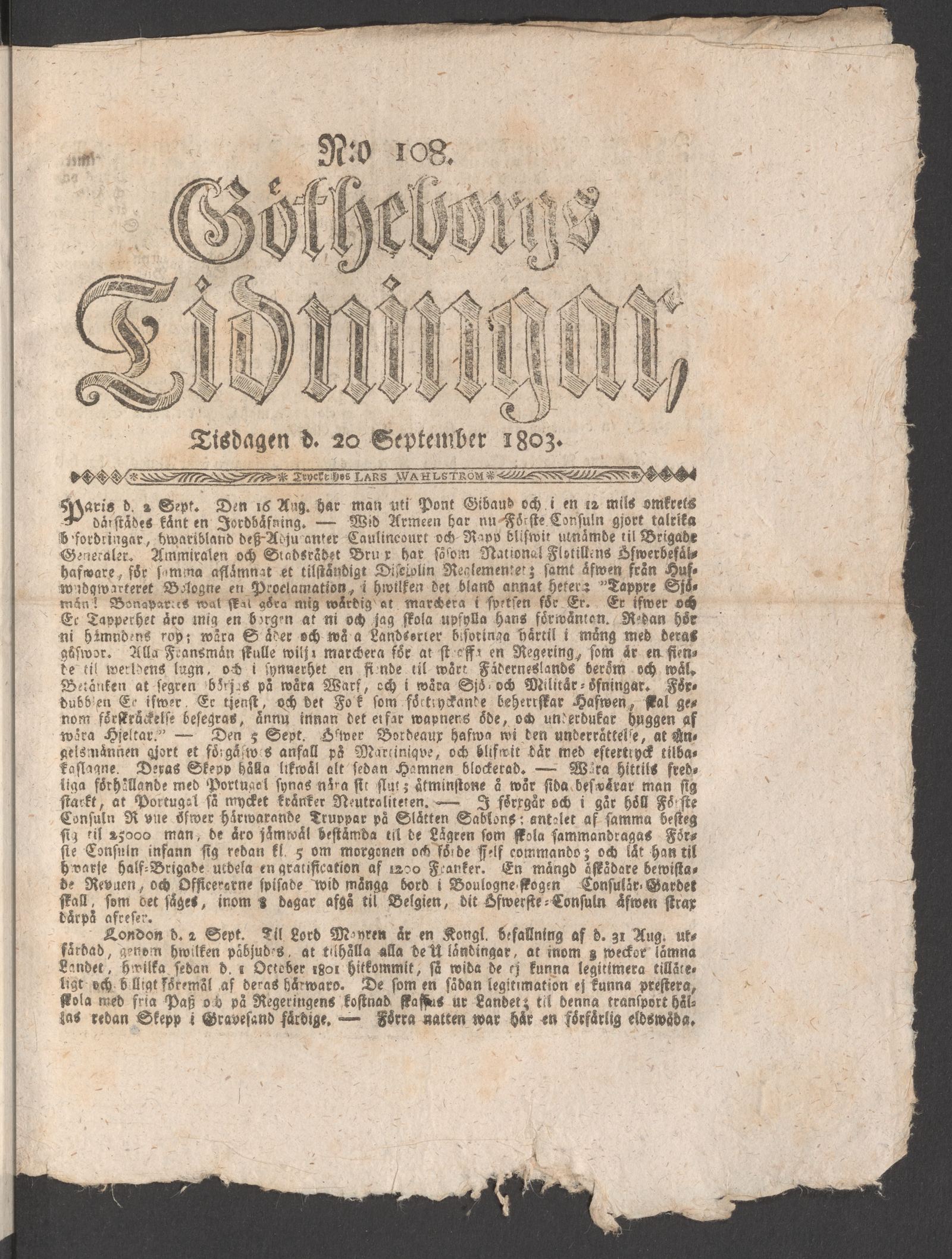 Tidningssida ur GÖTHEBORGS TIDNINGAR, 1803-09-20