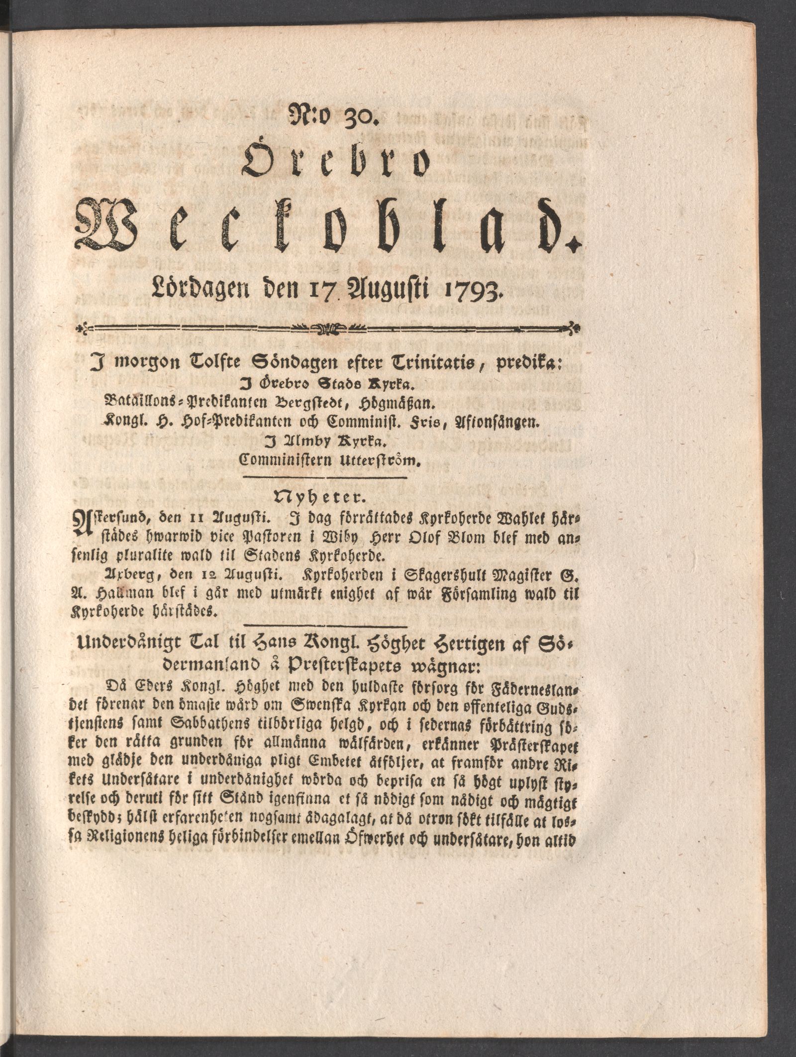 Tidningssida ur ÖREBRO WECKOBLAD, 1793-08-17
