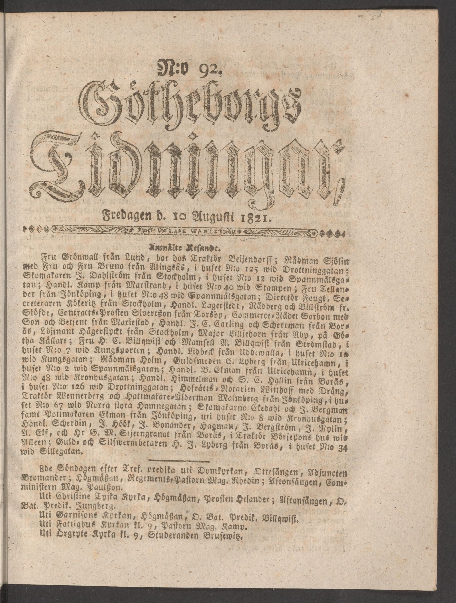 Tidningssida ur GÖTHEBORGS TIDNINGAR, 1821-08-10