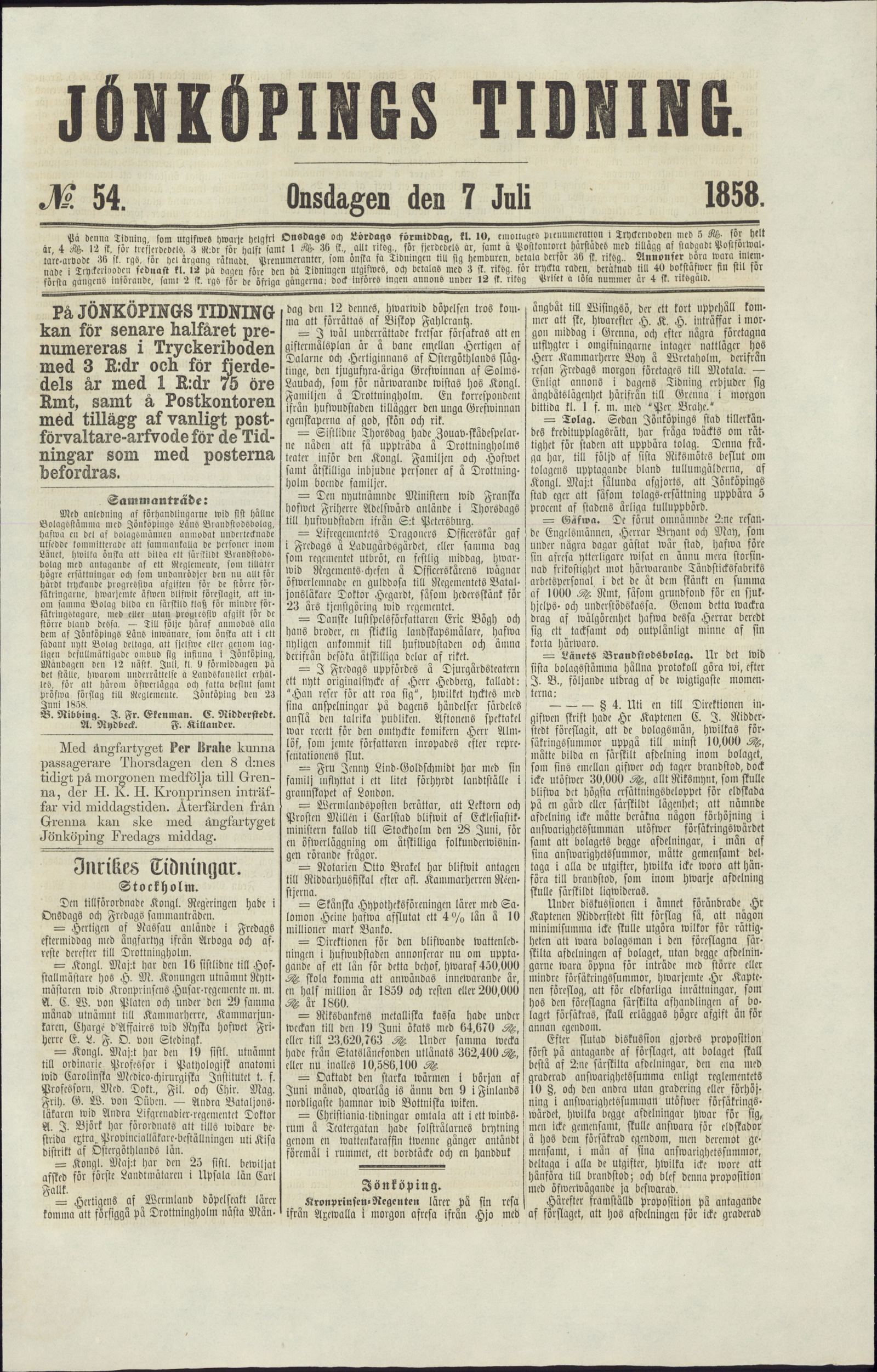 Tidningssida ur JÖNKÖPINGS TIDNING, 1858-07-07