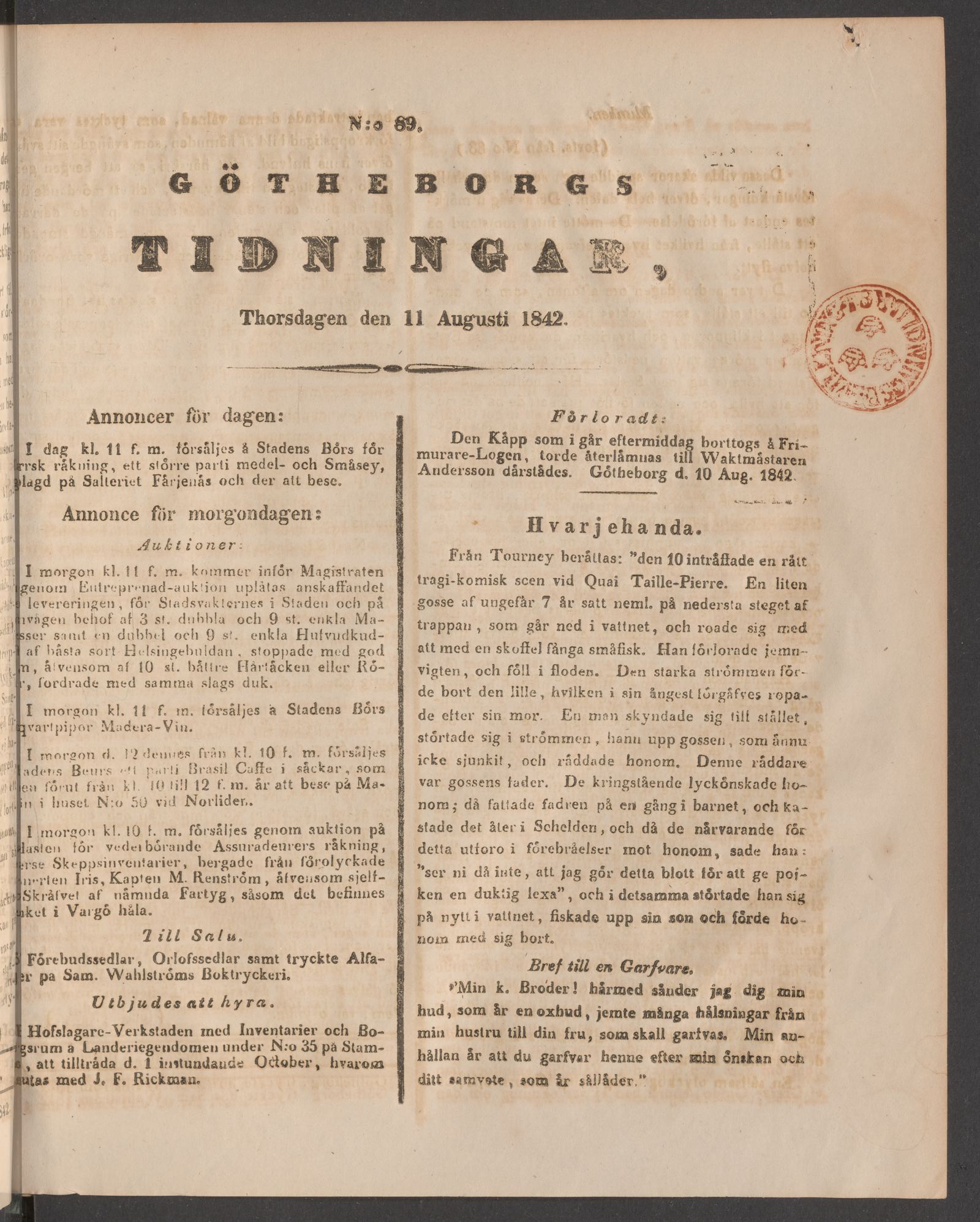 Tidningssida ur GÖTHEBORGS TIDNINGAR, 1842-08-11