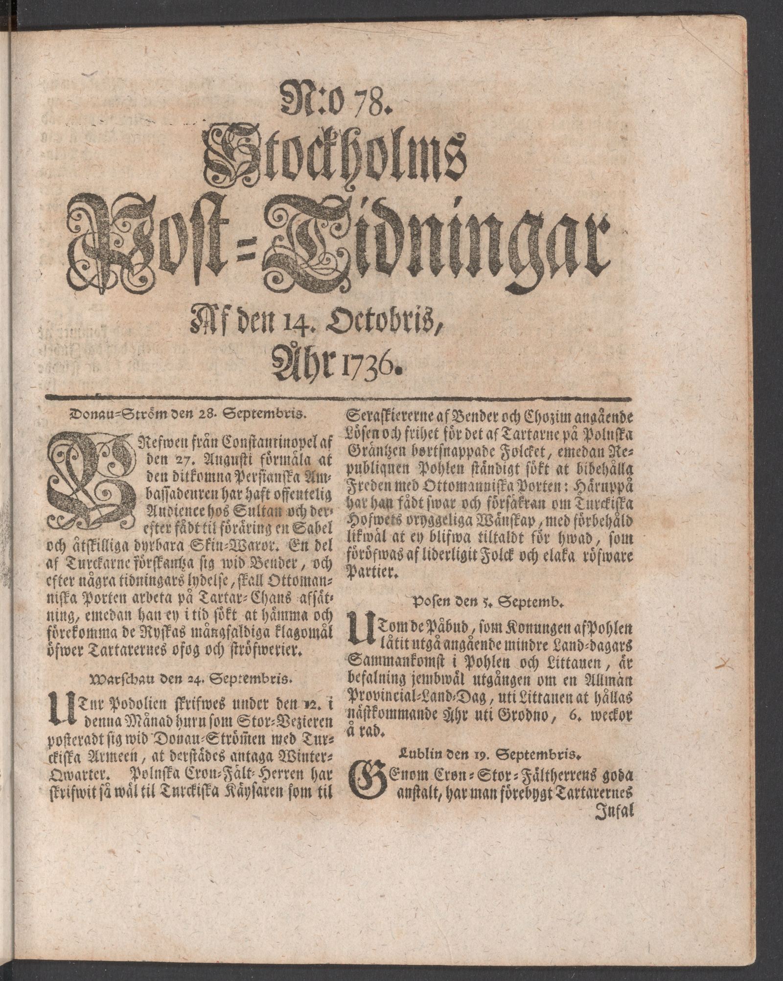 Tidningssida ur POSTTIDNINGAR, 1736-10-14