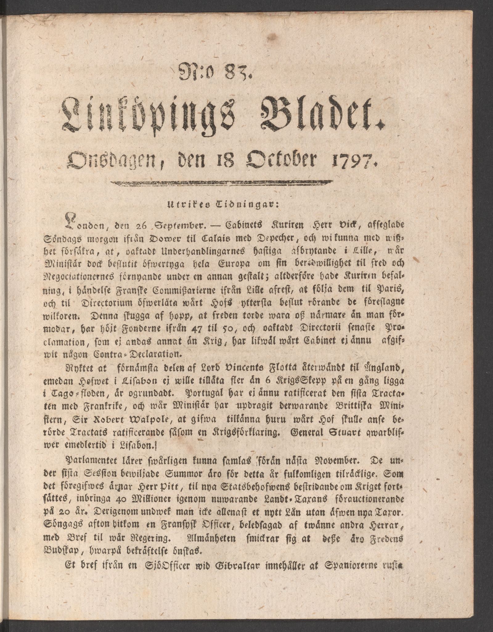 Tidningssida ur LINKÖPINGSBLADET, 1797-10-18