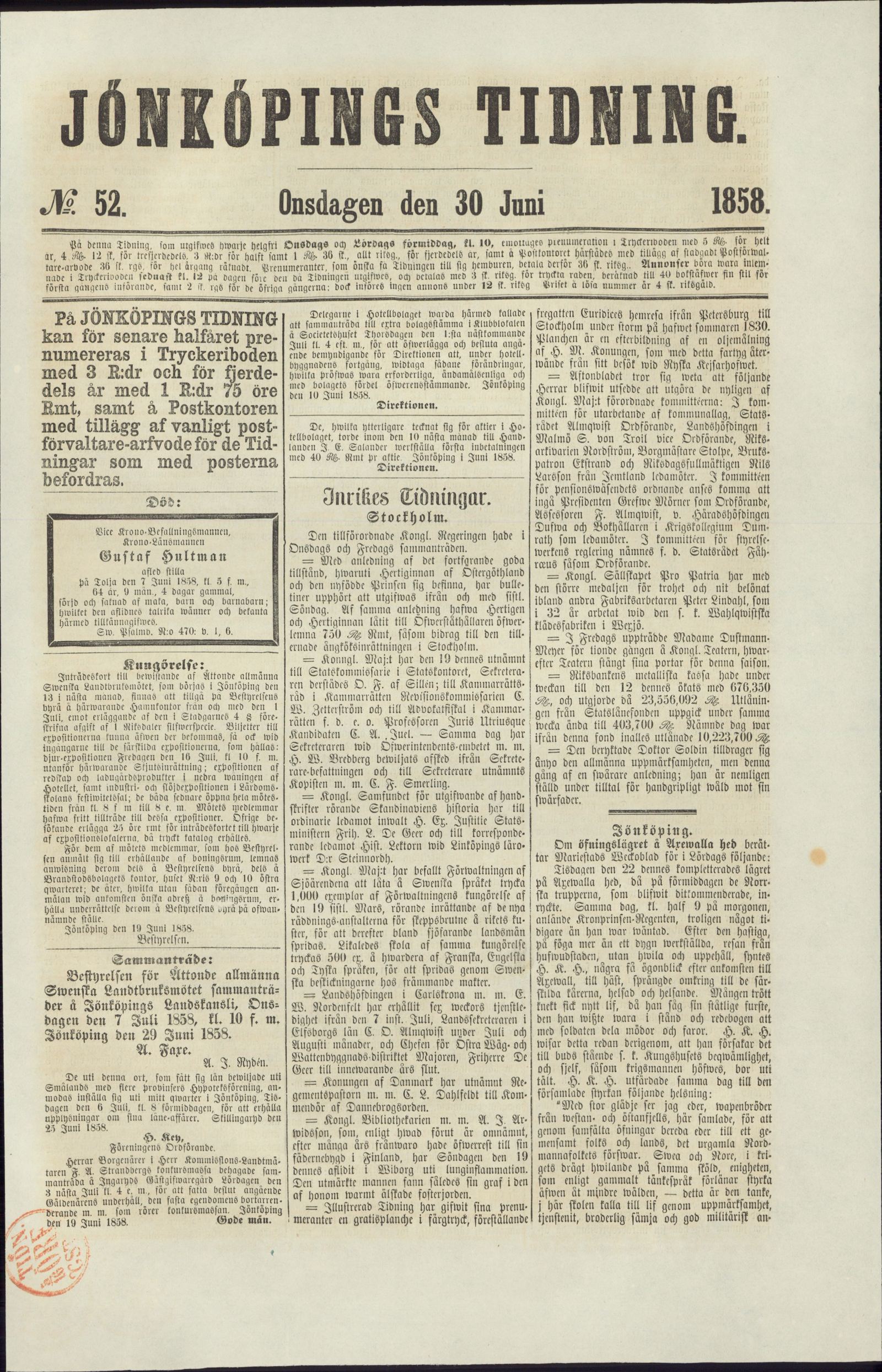 Tidningssida ur JÖNKÖPINGS TIDNING, 1858-06-30