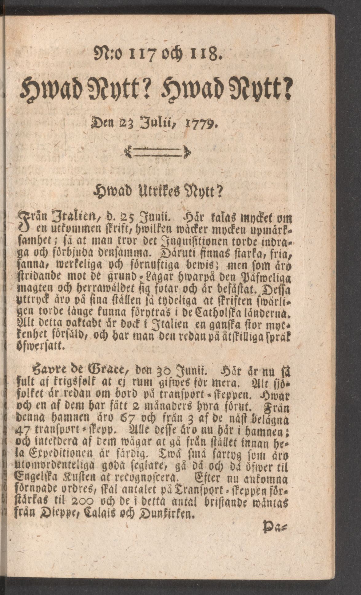 Tidningssida ur HWAD NYTT?, 1779-07-23