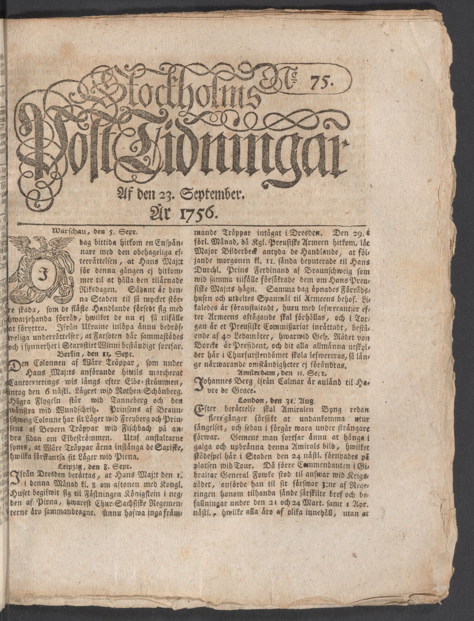 Tidningssida ur POSTTIDNINGAR, 1756-09-23