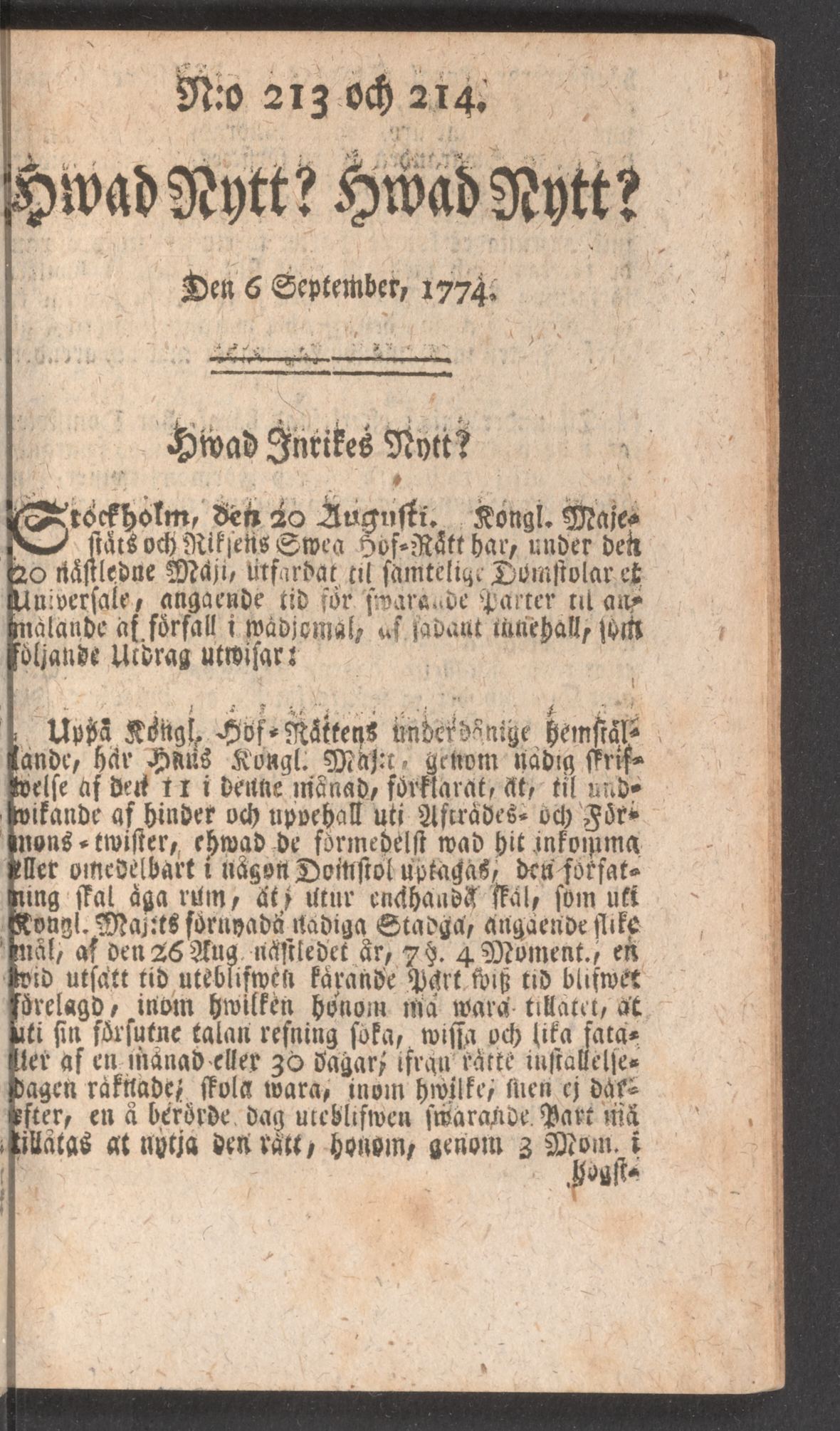 Tidningssida ur HWAD NYTT?, 1774-09-06