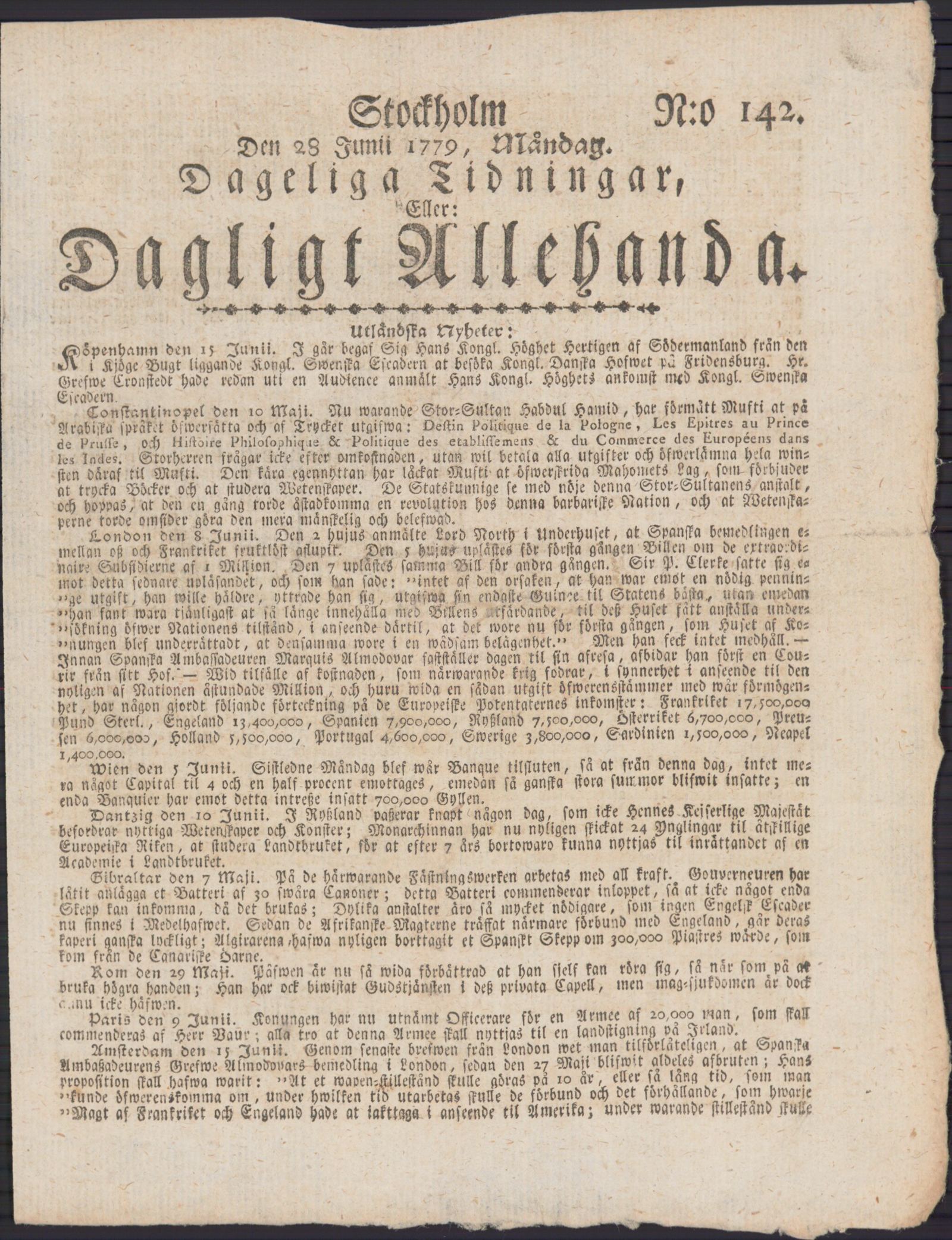 Tidningssida ur DAGLIGT ALLEHANDA, 1779-06-28