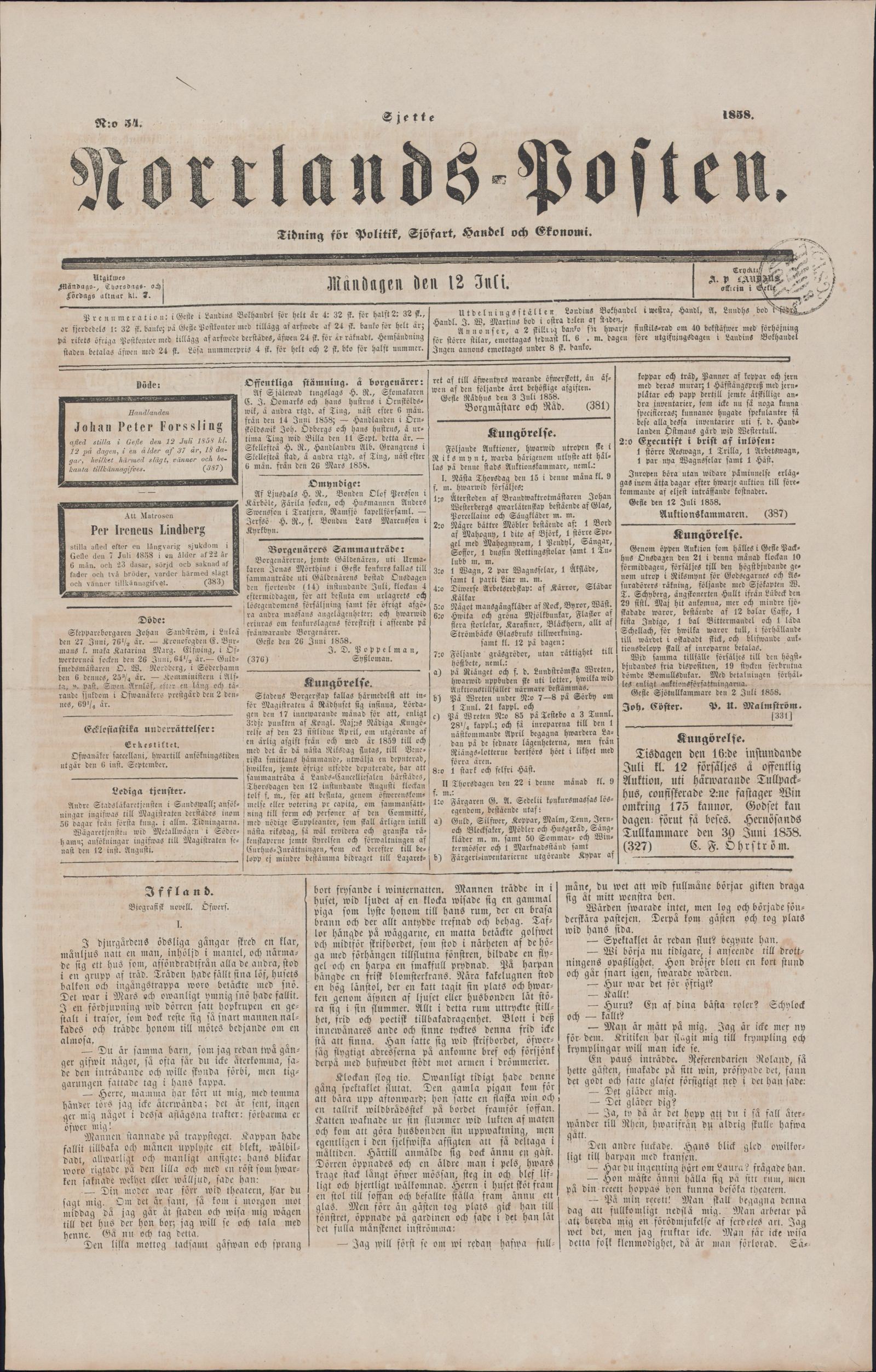 Tidningssida ur NORRLANDSPOSTEN, 1858-07-12