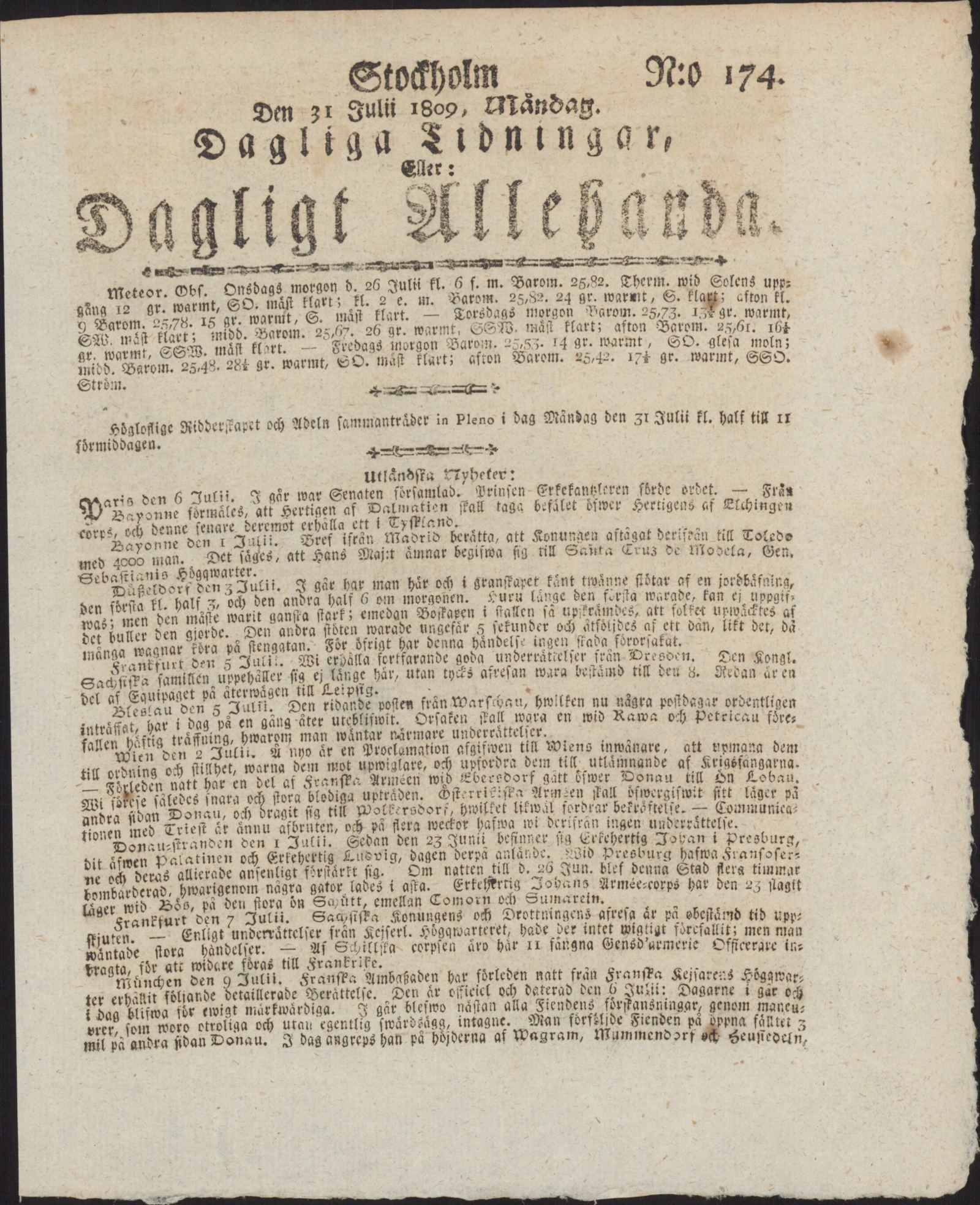 Tidningssida ur DAGLIGT ALLEHANDA, 1809-07-31