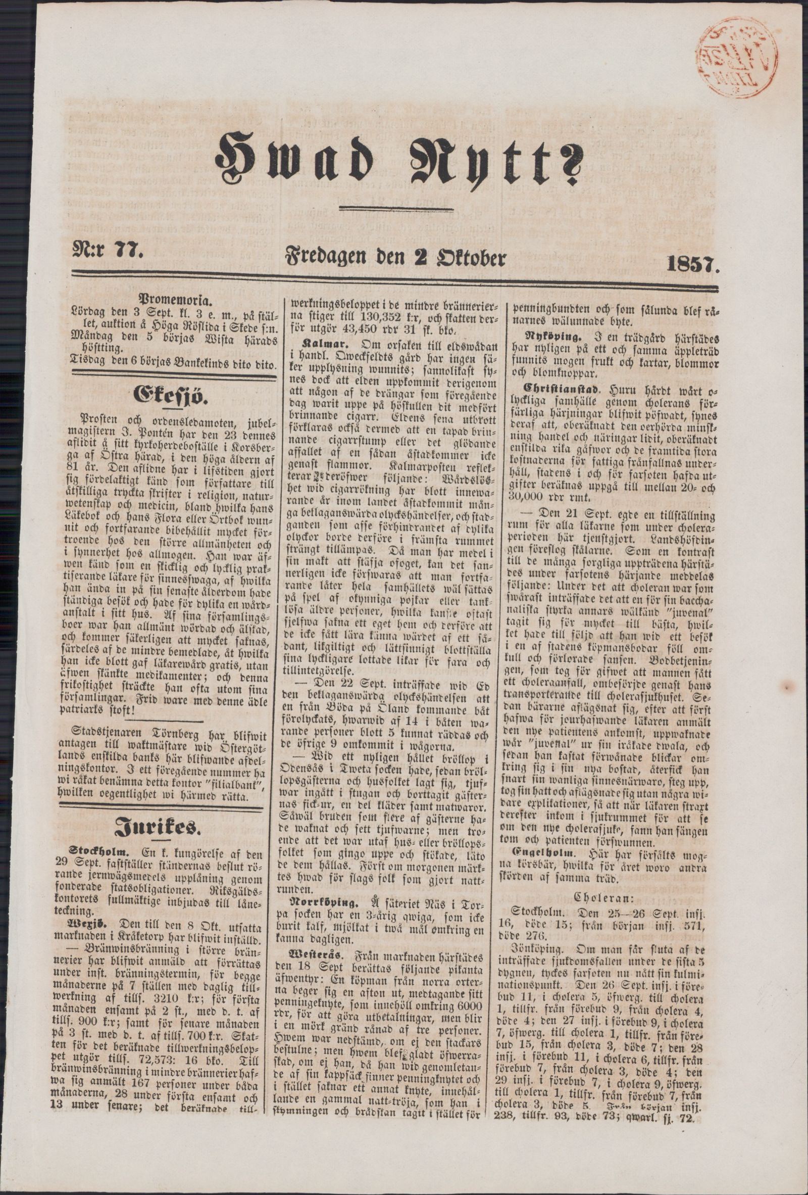 Tidningssida ur HVAD NYTT?, 1857-10-02