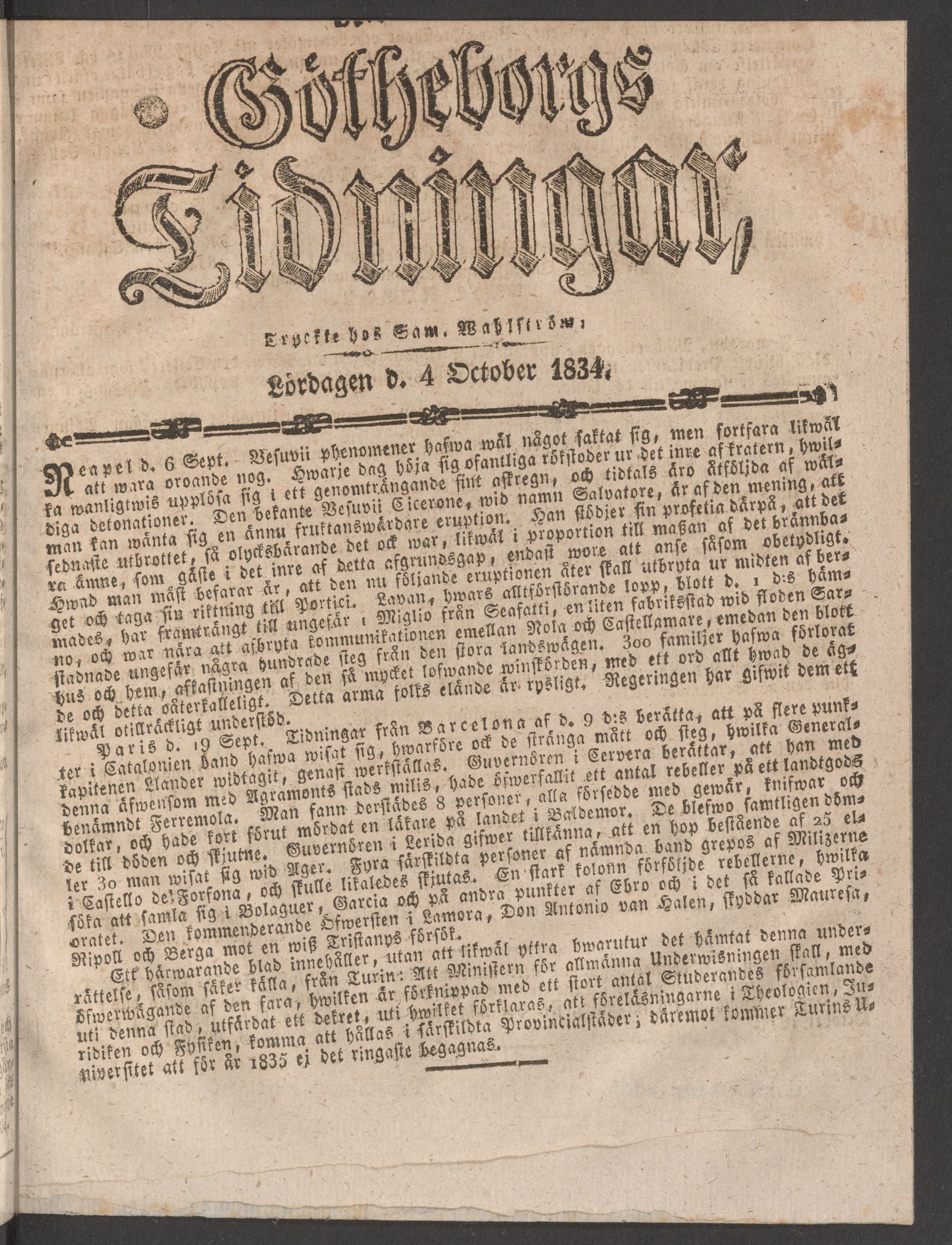 Tidningssida ur GÖTHEBORGS TIDNINGAR, 1834-10-04