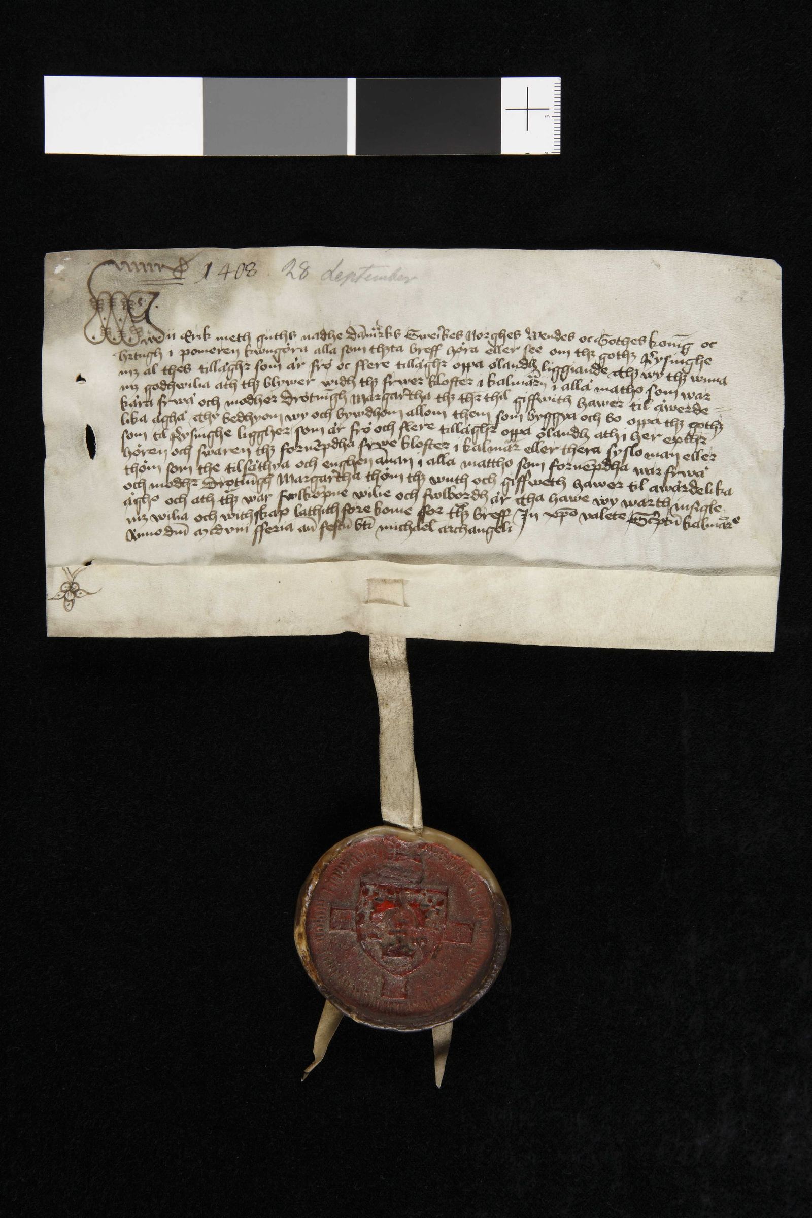Tidningssida ur Svenskt Diplomatarium, 1408-09-28