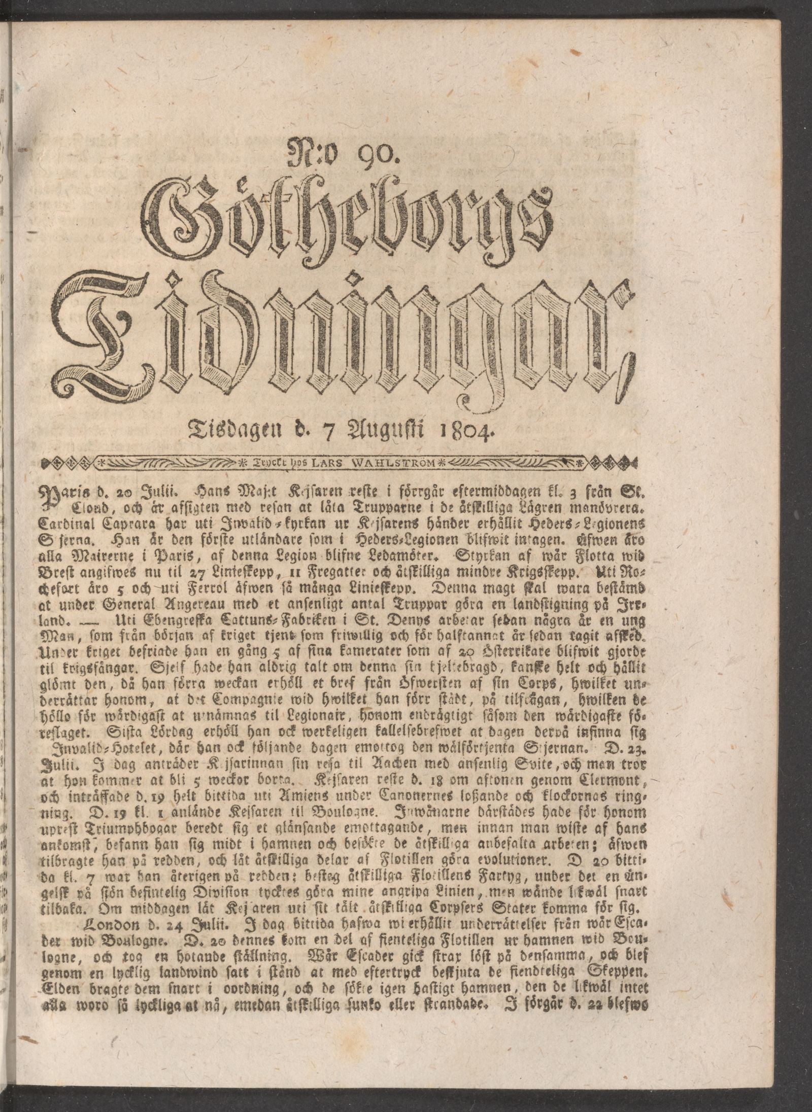 Tidningssida ur GÖTHEBORGS TIDNINGAR, 1804-08-07