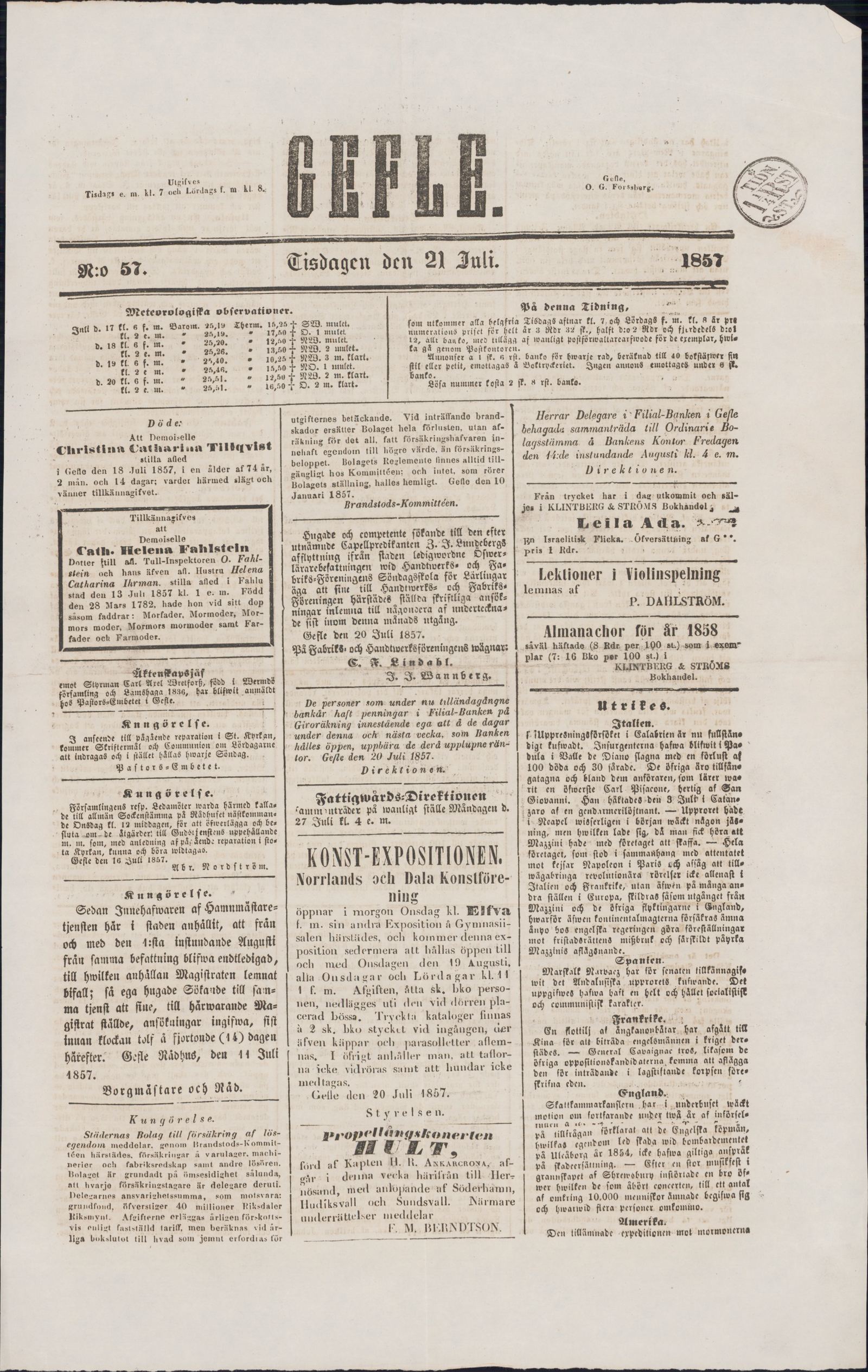 Tidningssida ur GEFLEBORGS LÄNS TIDNING, 1857-07-21