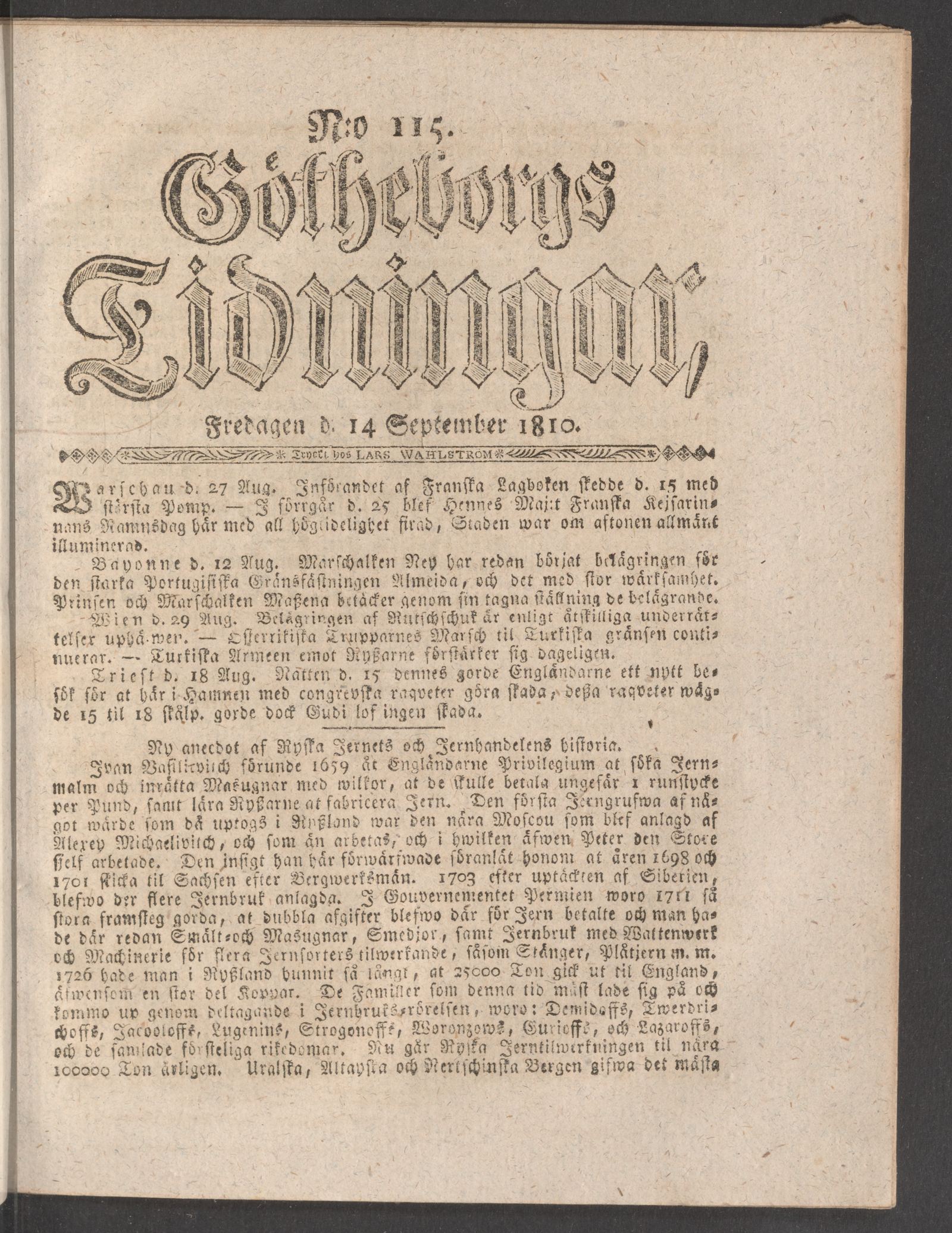 Tidningssida ur GÖTHEBORGS TIDNINGAR, 1810-09-14