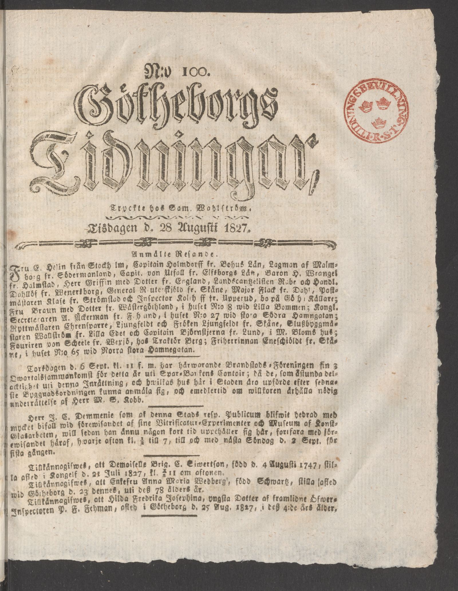 Tidningssida ur GÖTHEBORGS TIDNINGAR, 1827-08-28