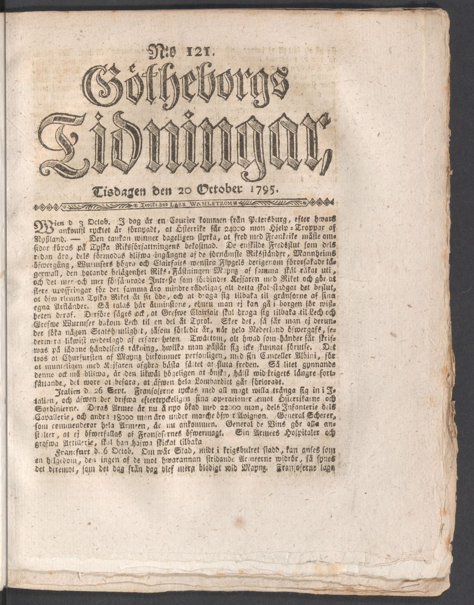 Tidningssida ur GÖTHEBORGS TIDNINGAR, 1795-10-20