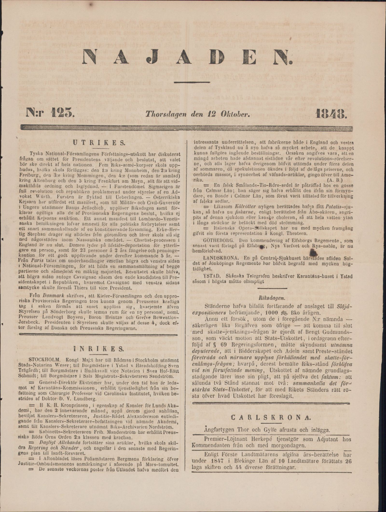 Tidningssida ur NAJADEN, 1848-10-12