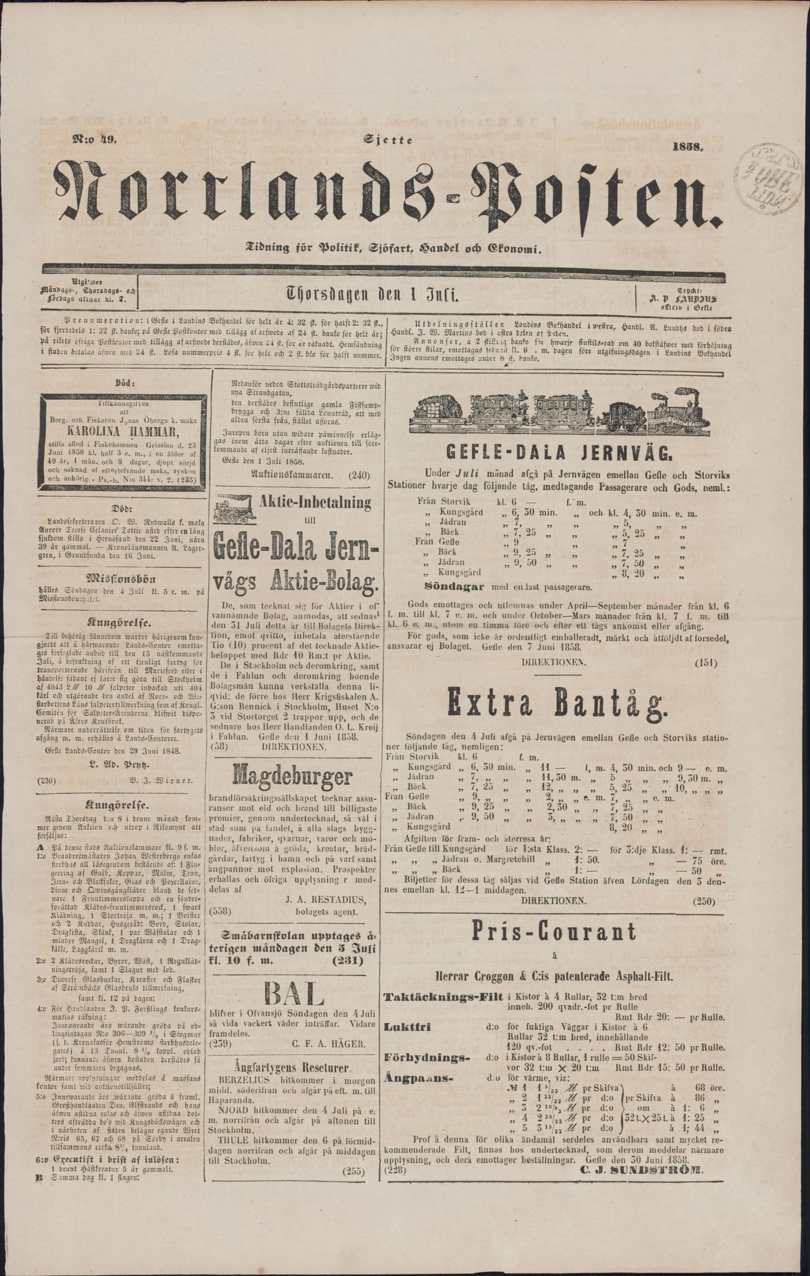 Tidningssida ur NORRLANDSPOSTEN, 1858-07-01