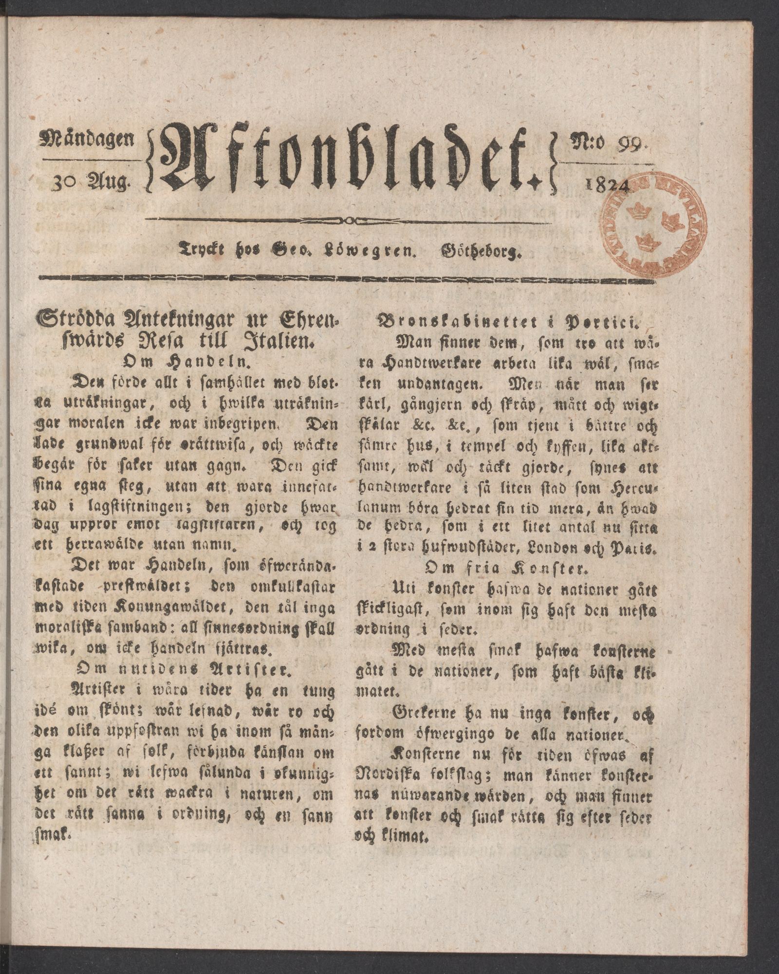 Tidningssida ur AFTONBLADET, 1824-08-30