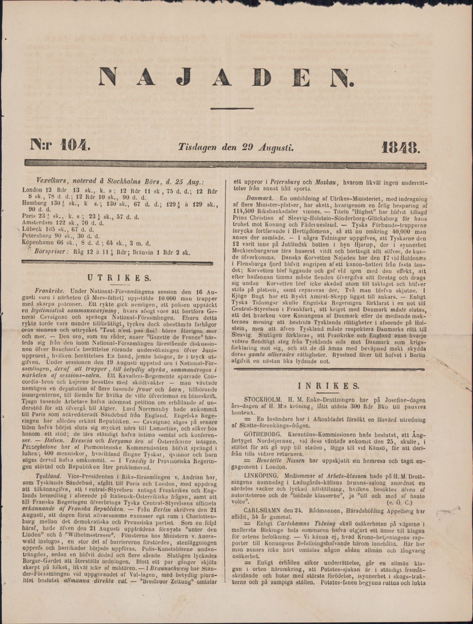 Tidningssida ur NAJADEN, 1848-08-29