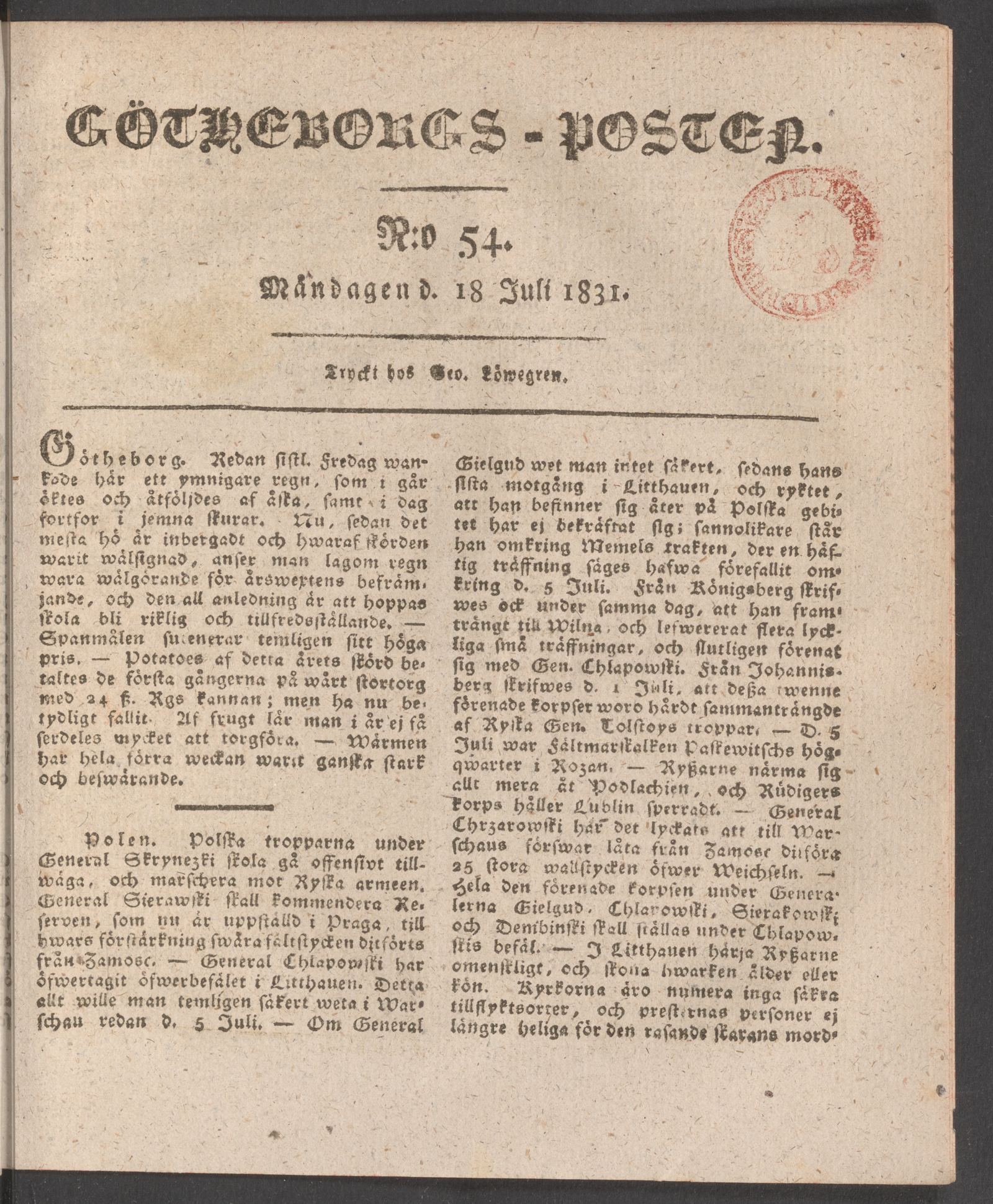 Tidningssida ur GÖTHEBORGSPOSTEN, 1831-07-18