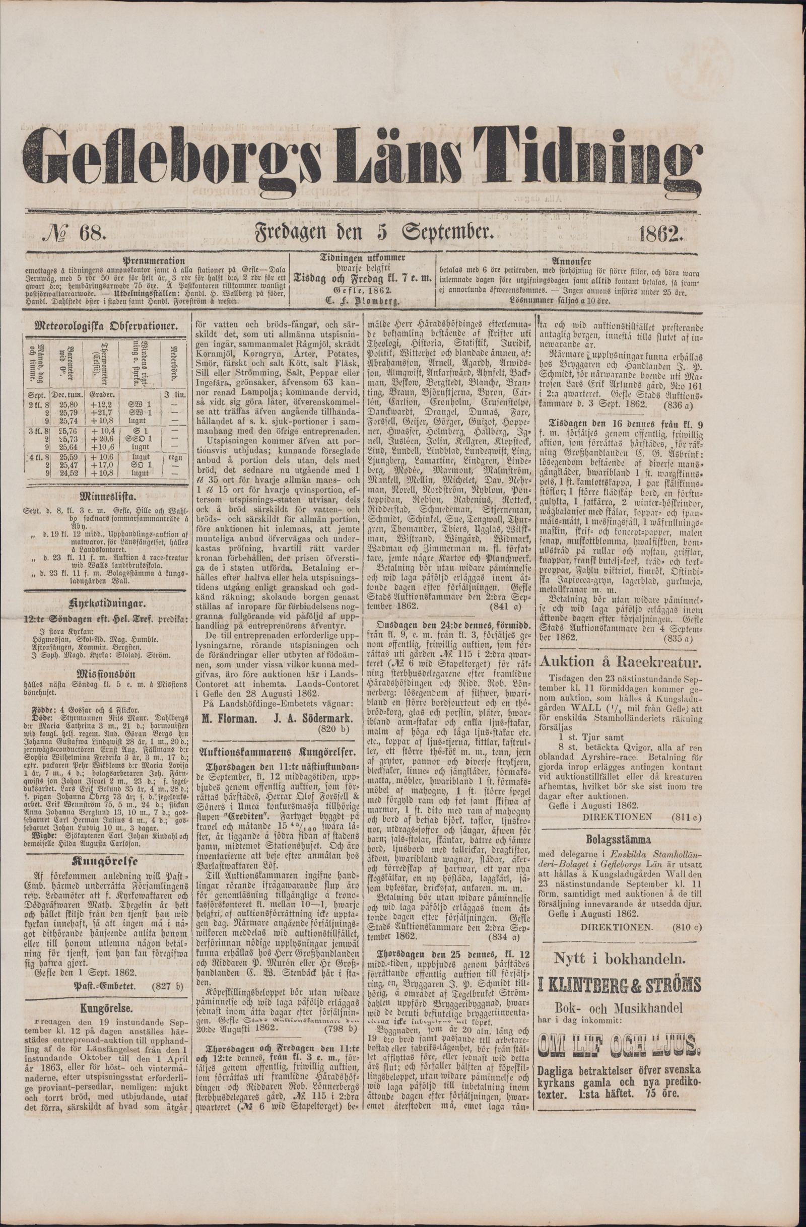 Tidningssida ur GEFLEBORGS LÄNS TIDNING, 1862-09-05