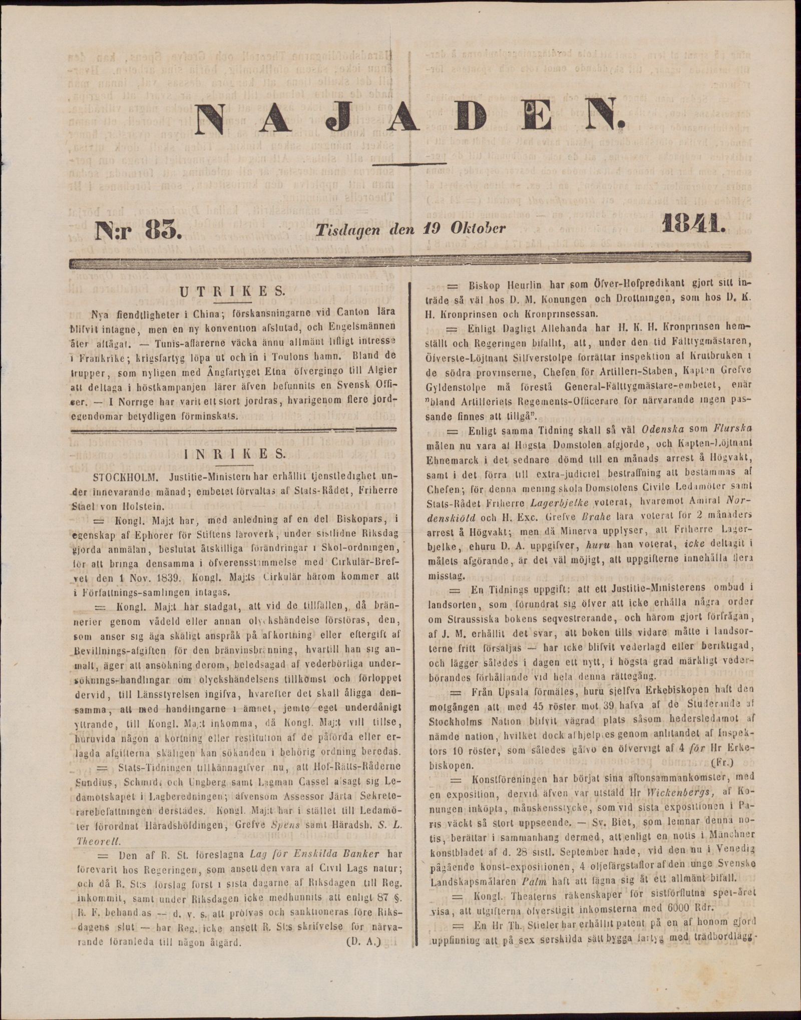 Tidningssida ur NAJADEN, 1841-10-19
