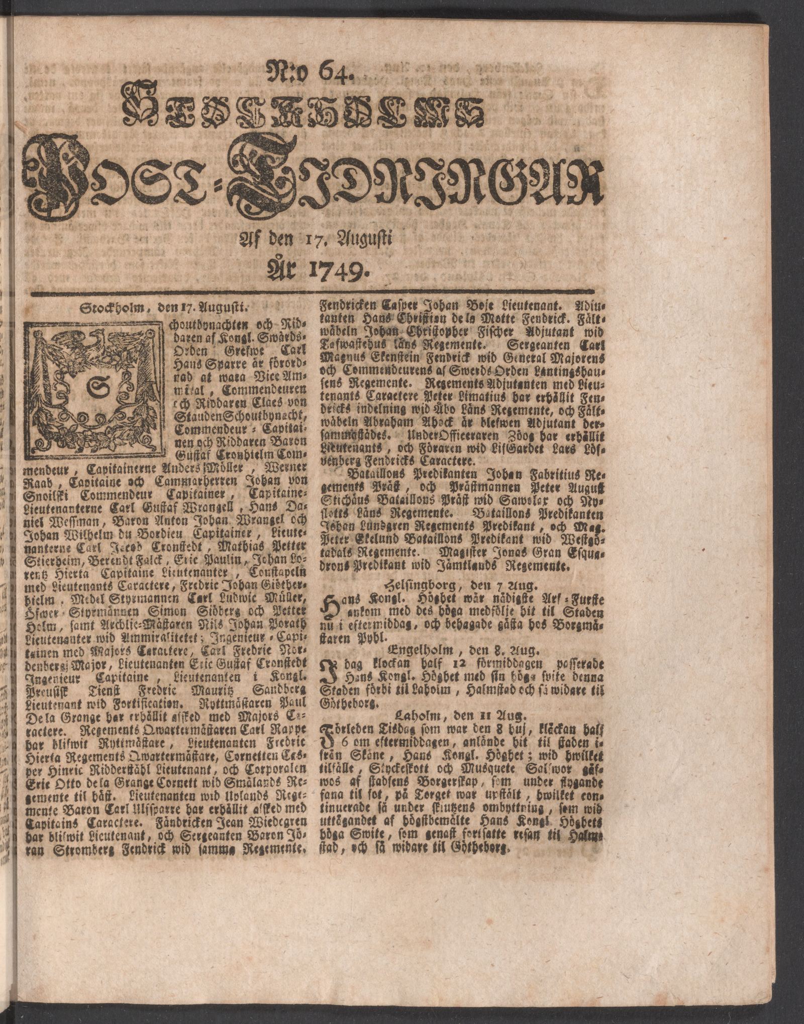 Tidningssida ur POSTTIDNINGAR, 1749-08-17