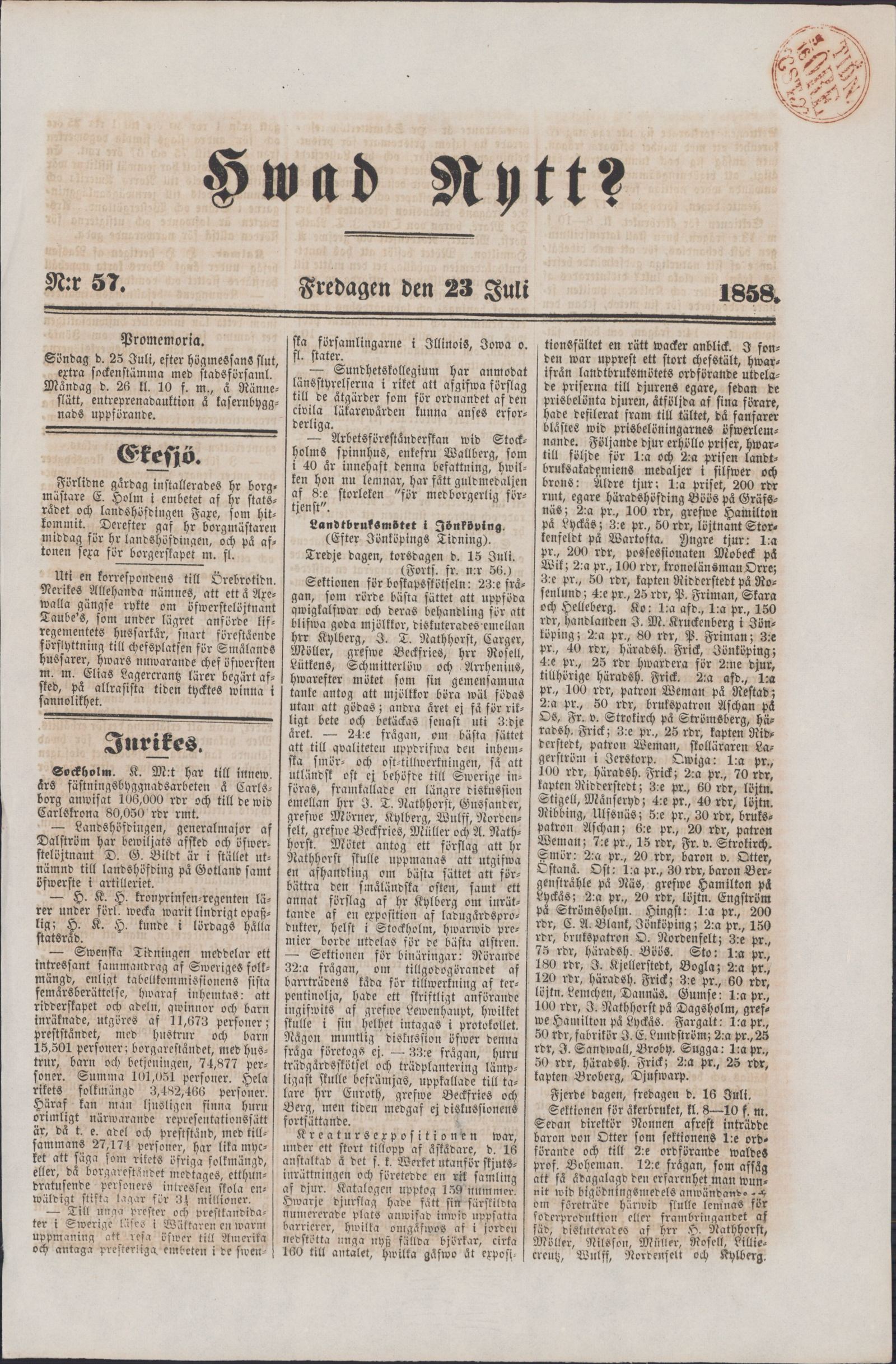 Tidningssida ur HVAD NYTT?, 1858-07-23