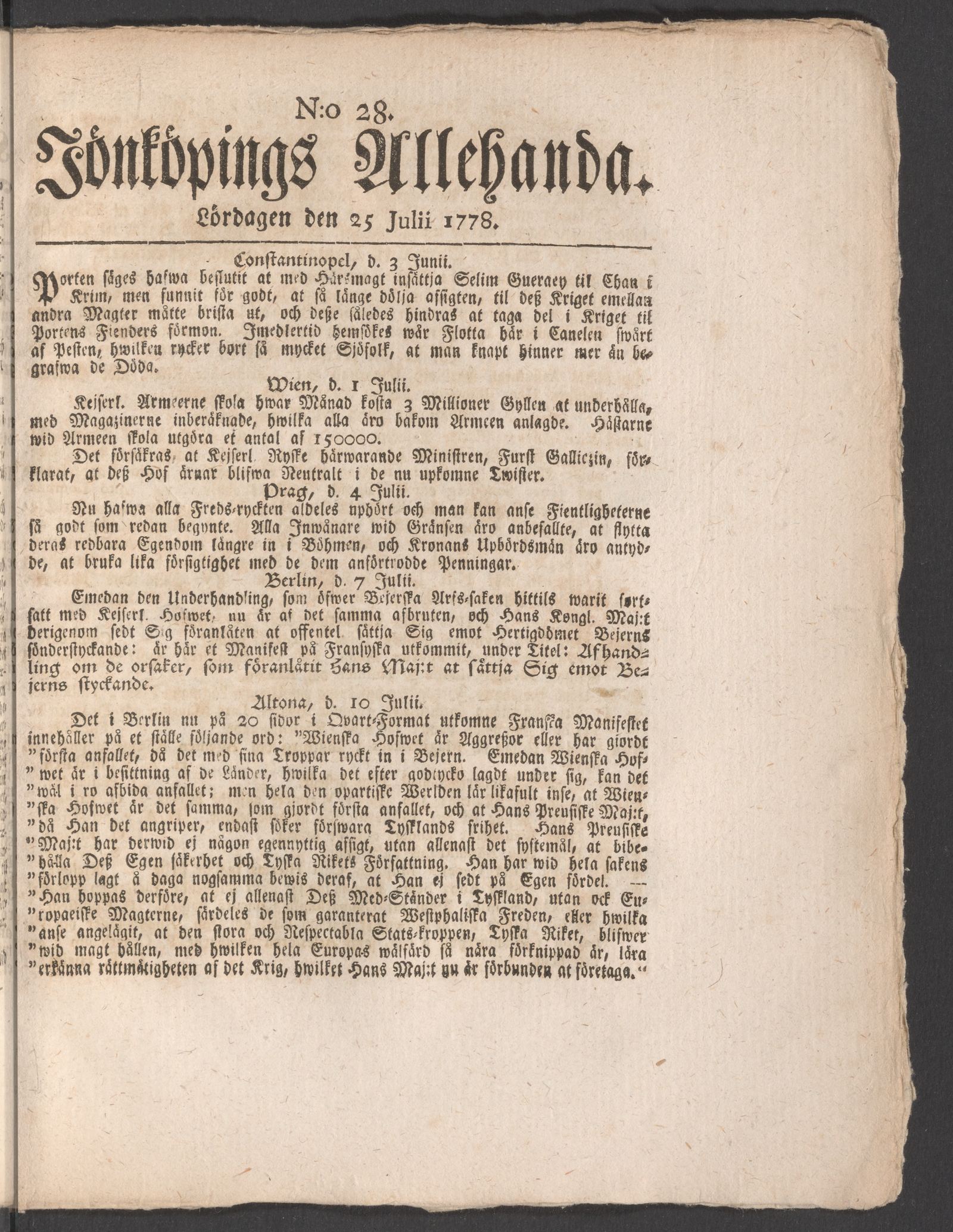 Tidningssida ur JÖNKÖPINGS ALLEHANDA, 1778-07-25