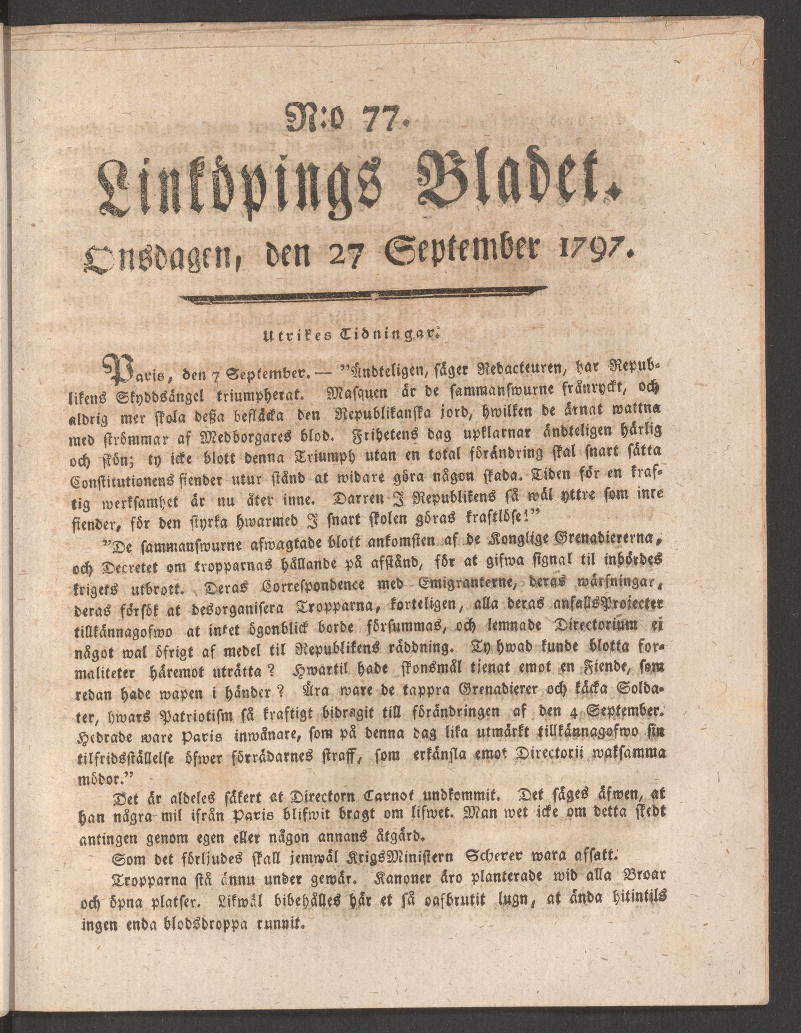Tidningssida ur LINKÖPINGSBLADET, 1797-09-27