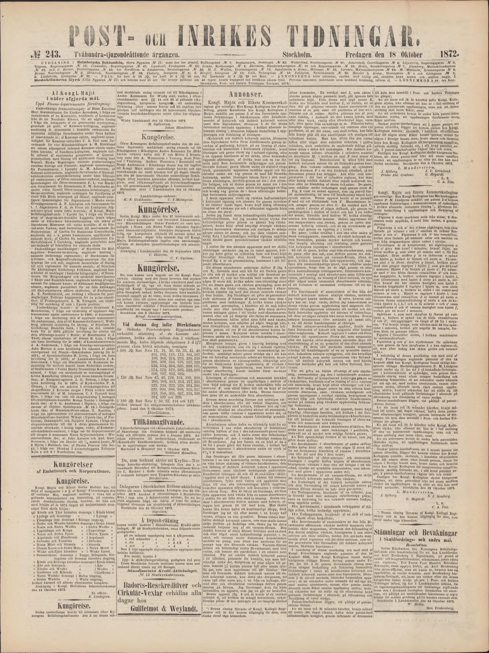 Tidningssida ur Post- Och Inrikes Tidningar, 1872-10-18