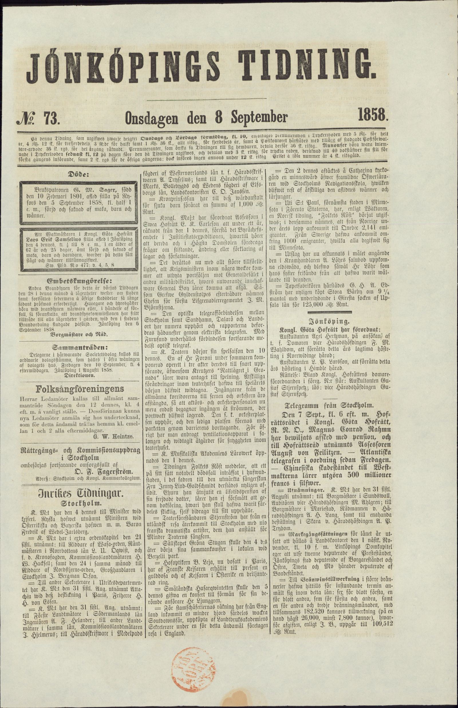 Tidningssida ur JÖNKÖPINGS TIDNING, 1858-09-08