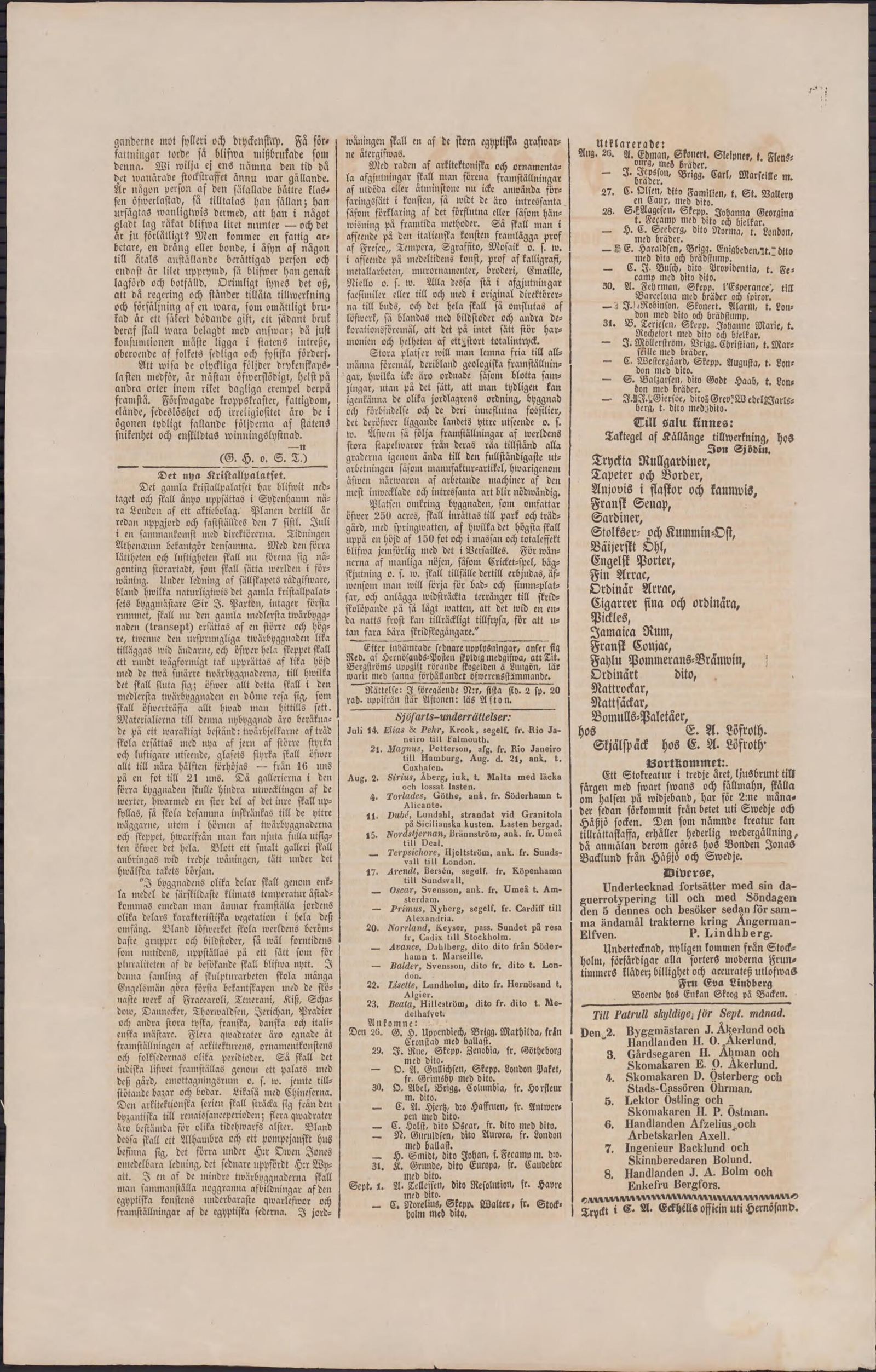 Tidningssida ur Härnösandsposten, 1852-09-02