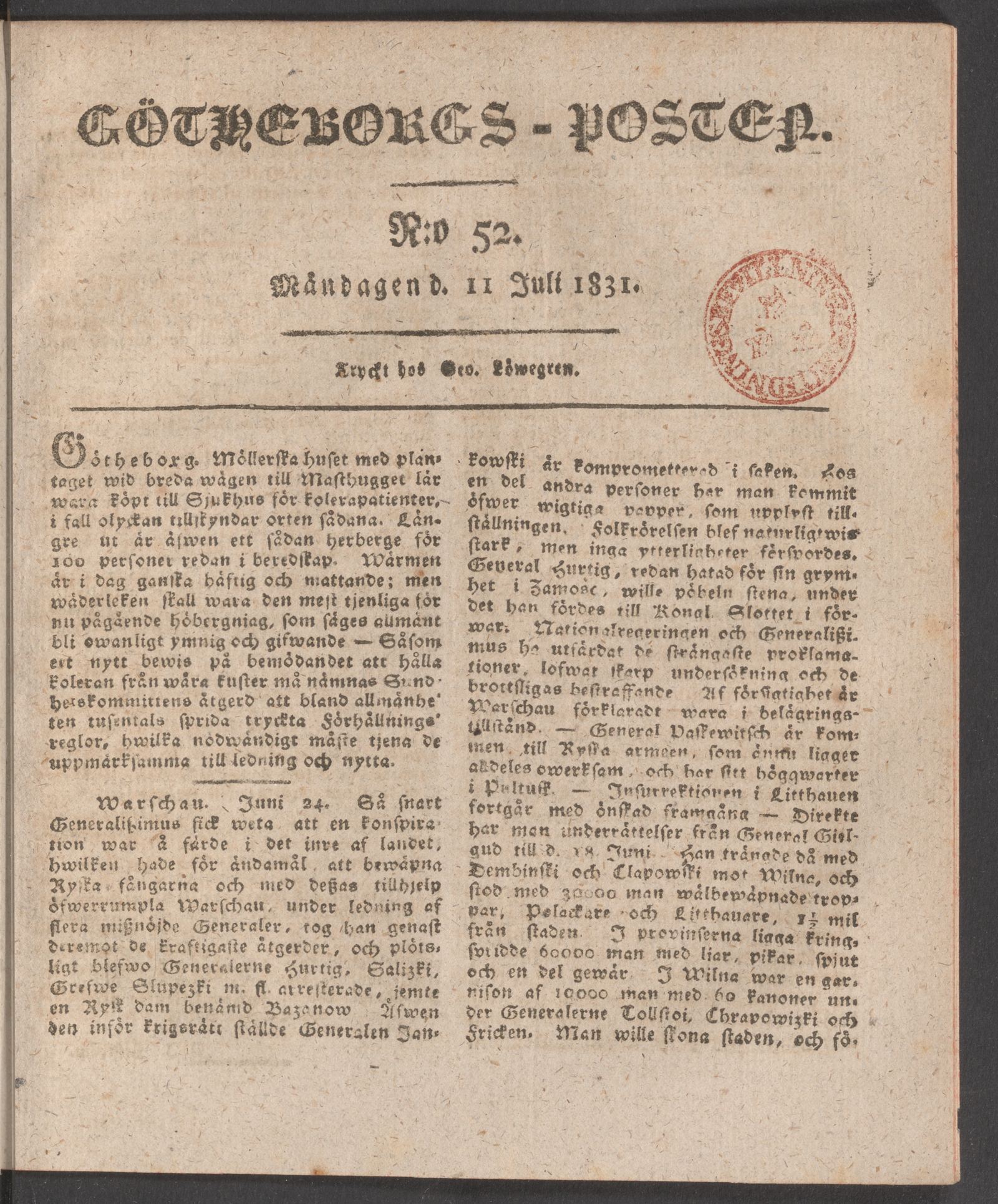 Tidningssida ur GÖTHEBORGSPOSTEN, 1831-07-11