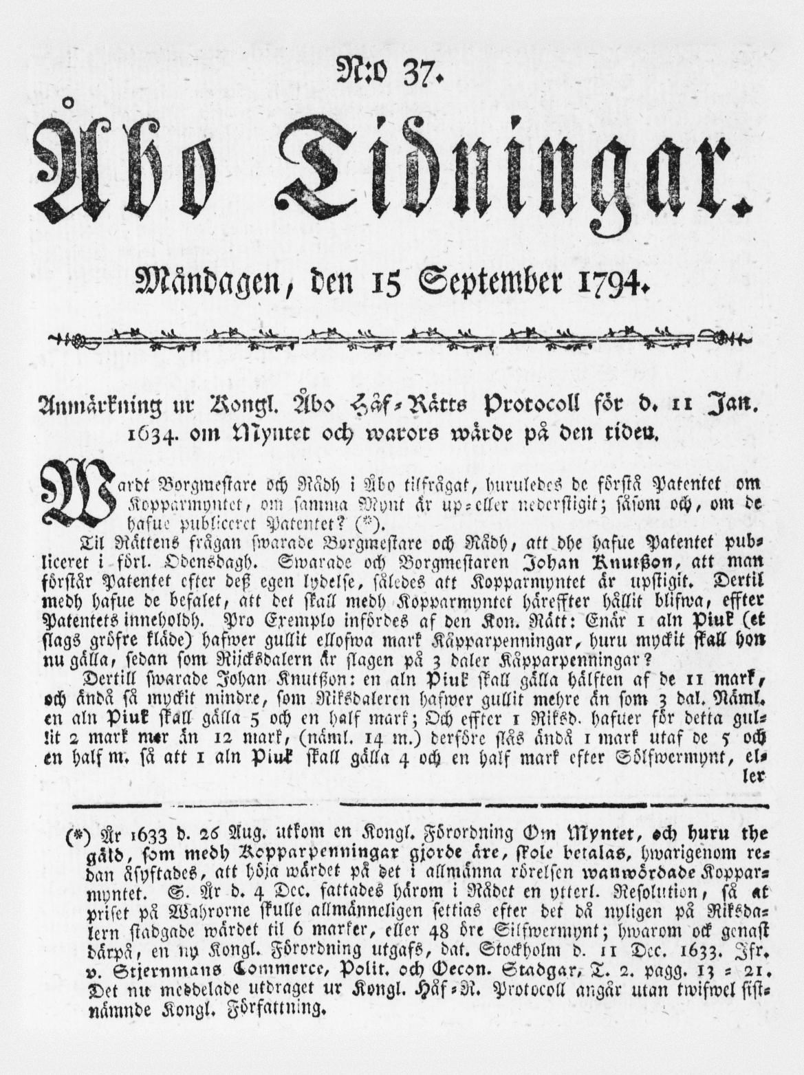 Tidningssida ur ÅBO TIDNINGAR, 1794-09-15