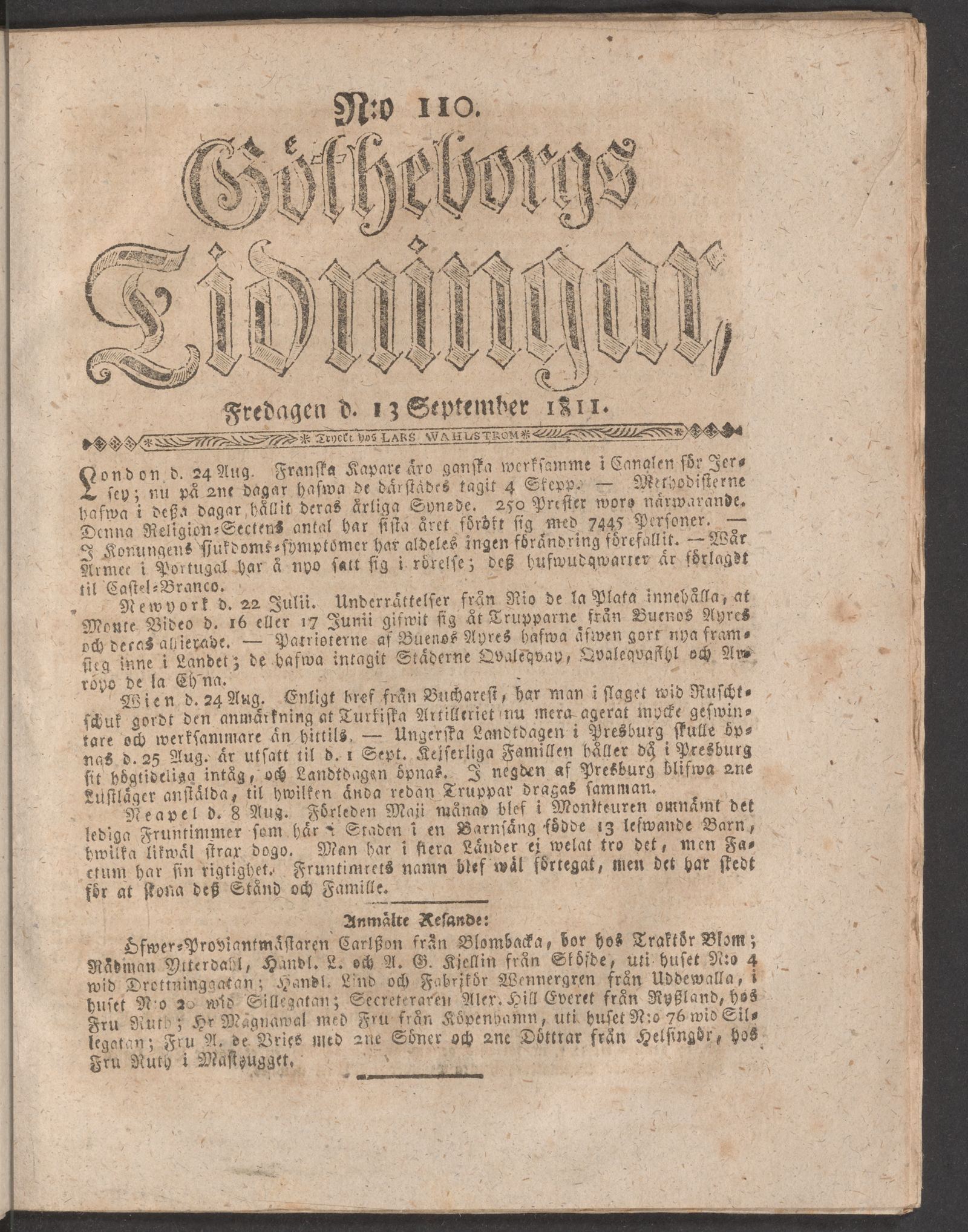 Tidningssida ur GÖTHEBORGS TIDNINGAR, 1811-09-13