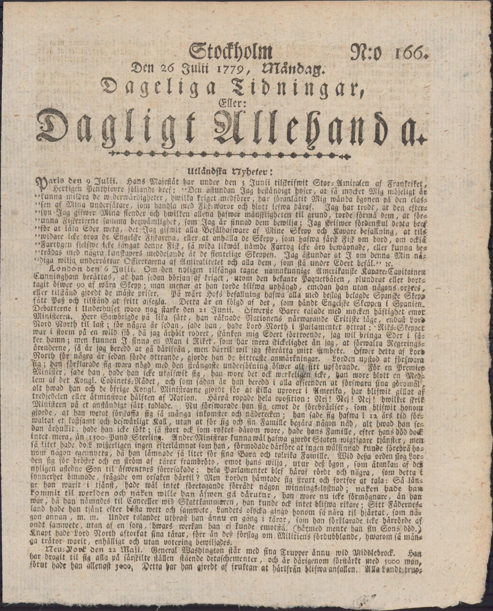 Tidningssida ur DAGLIGT ALLEHANDA, 1779-07-26