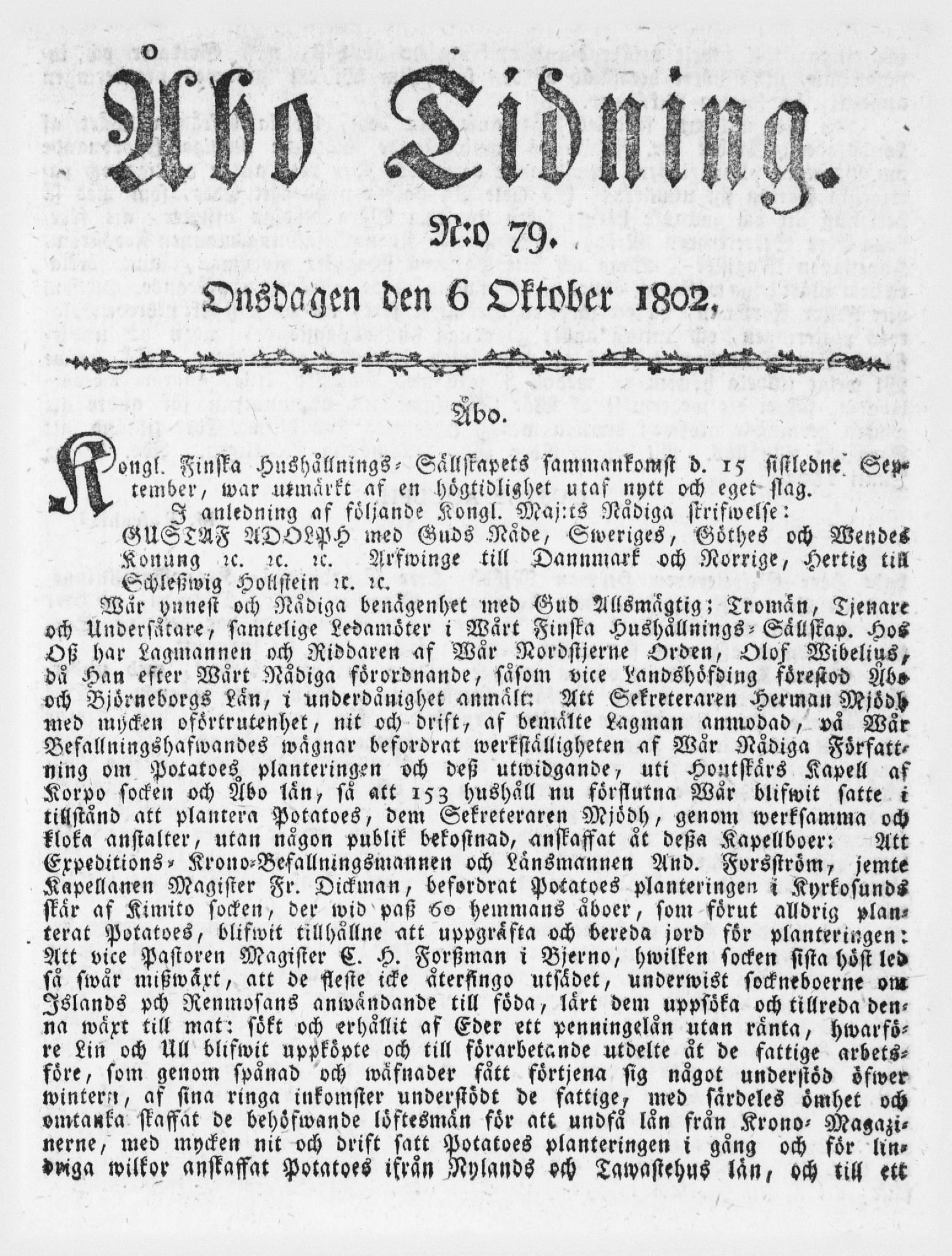 Tidningssida ur ÅBO TIDNING, 1802-10-06