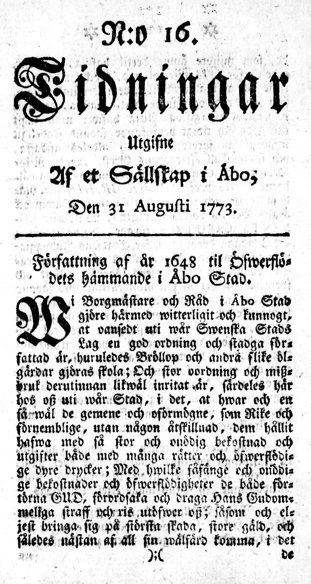 Tidningssida ur TIDNINGAR UTGIFNE AF ET SÄLLSKAP I ÅBO, 1773-08-31