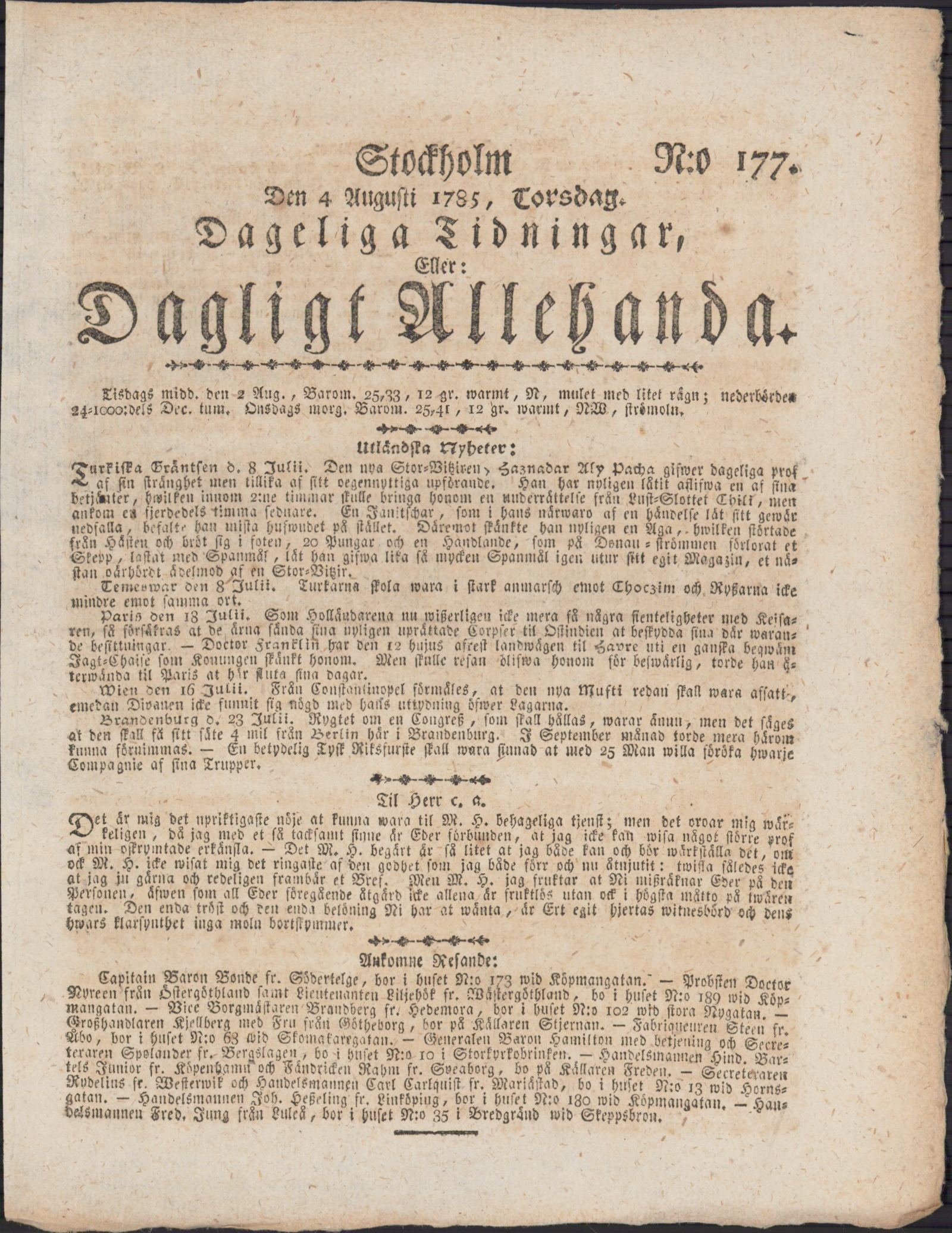 Tidningssida ur DAGLIGT ALLEHANDA, 1785-08-04