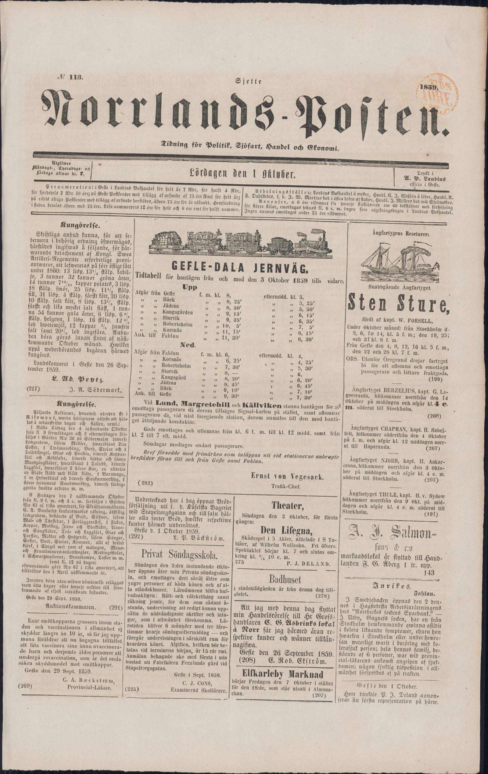 Tidningssida ur NORRLANDSPOSTEN, 1859-10-01