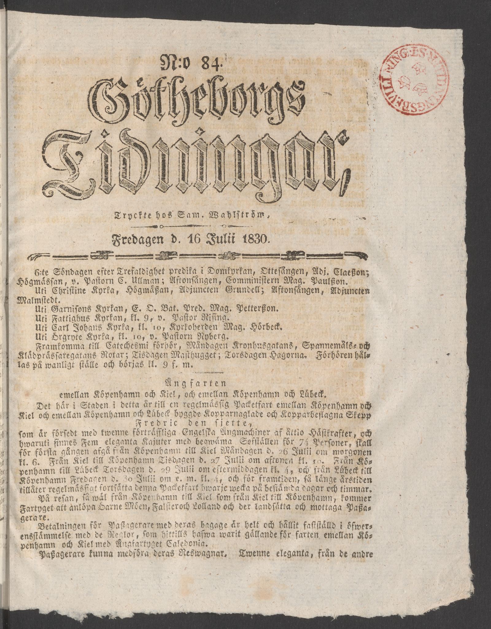 Tidningssida ur GÖTHEBORGS TIDNINGAR, 1830-07-16
